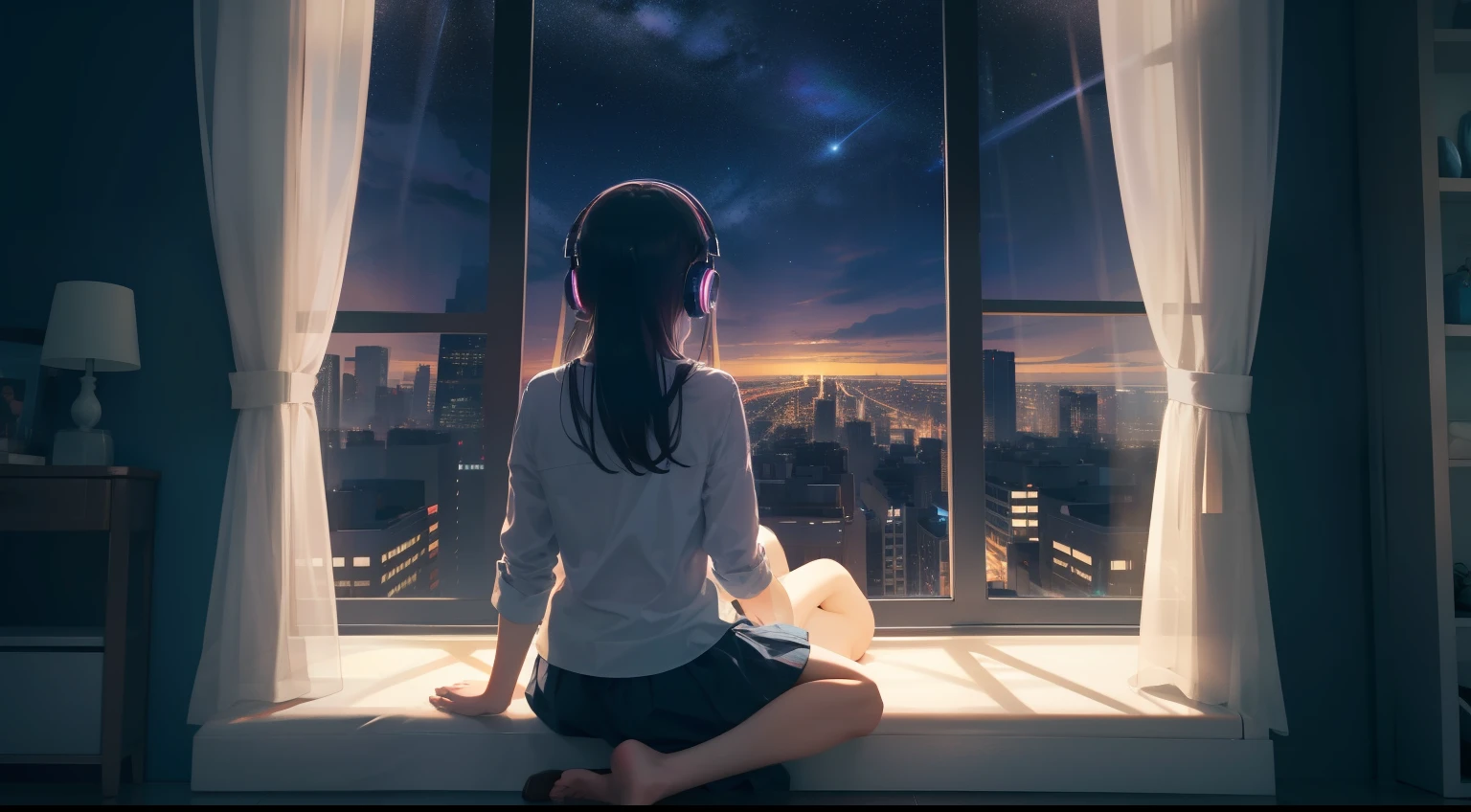 Girl sitting alone by the window, listening to music on her headphones, Night view of the city outside the window，The starry sky outside the window sparkles，Very lonely，A soft shimmer shines on the girl，Rich details inside the window，There are plush dolls inside the window，There are night lights on the inner walls of the windows，The girl looks at the scenery outside the window with a lonely back，The picture is hazy，the lighting is subdued