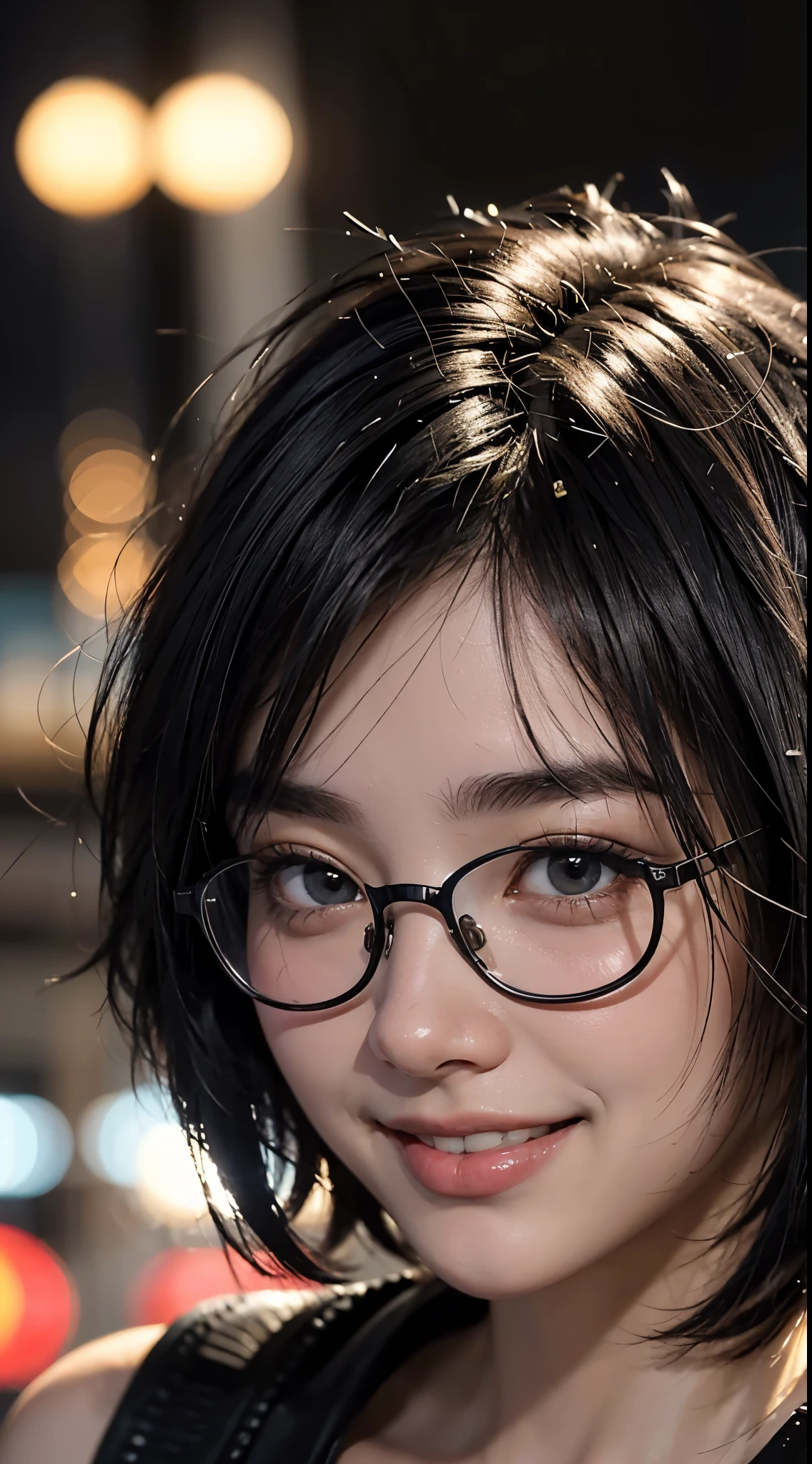 cute 18 year old,1 girl, tokyo street,night, cityscape,city lights, ((face close up:1.5)),((smile showing white teeth)),((jet black short hair))close, 8k, RAW photo, highest quality, masterpiece,realistic, photo-realistic,black rim glasses,