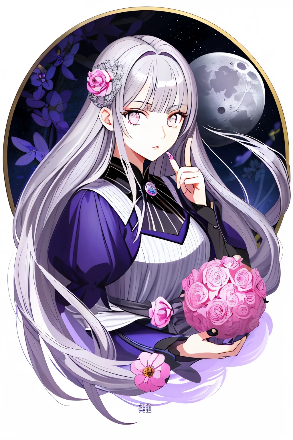 masterpiece, amazing girl, night moon full moon, 1 female, mature woman, younger sister, Royal younger sister, cold face, No expression, silvery long hair woman, Light pink lip, Calm, intellectual, three striped gray eyes, assassin short knife, flower ball background, hand details, finger details, facial details, eye details,