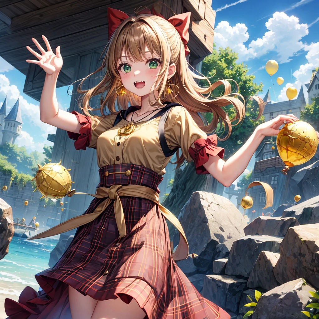 reddish-brown blonde、green eyes、one good looking girl、solo、anime、plaid mini skirt、the skirt has buttons、camisole、black t-shirt、dress、wearing a ribbon、ribbon at waist、cloak、hood、clouds are swirling、stone slabs are piled up、one hand raised、crystal earrings、sun、gold coins are falling、teeth are visible、splash of water、monster castle、have a world map、ceiling、golden key、balloon、jewelry necklace