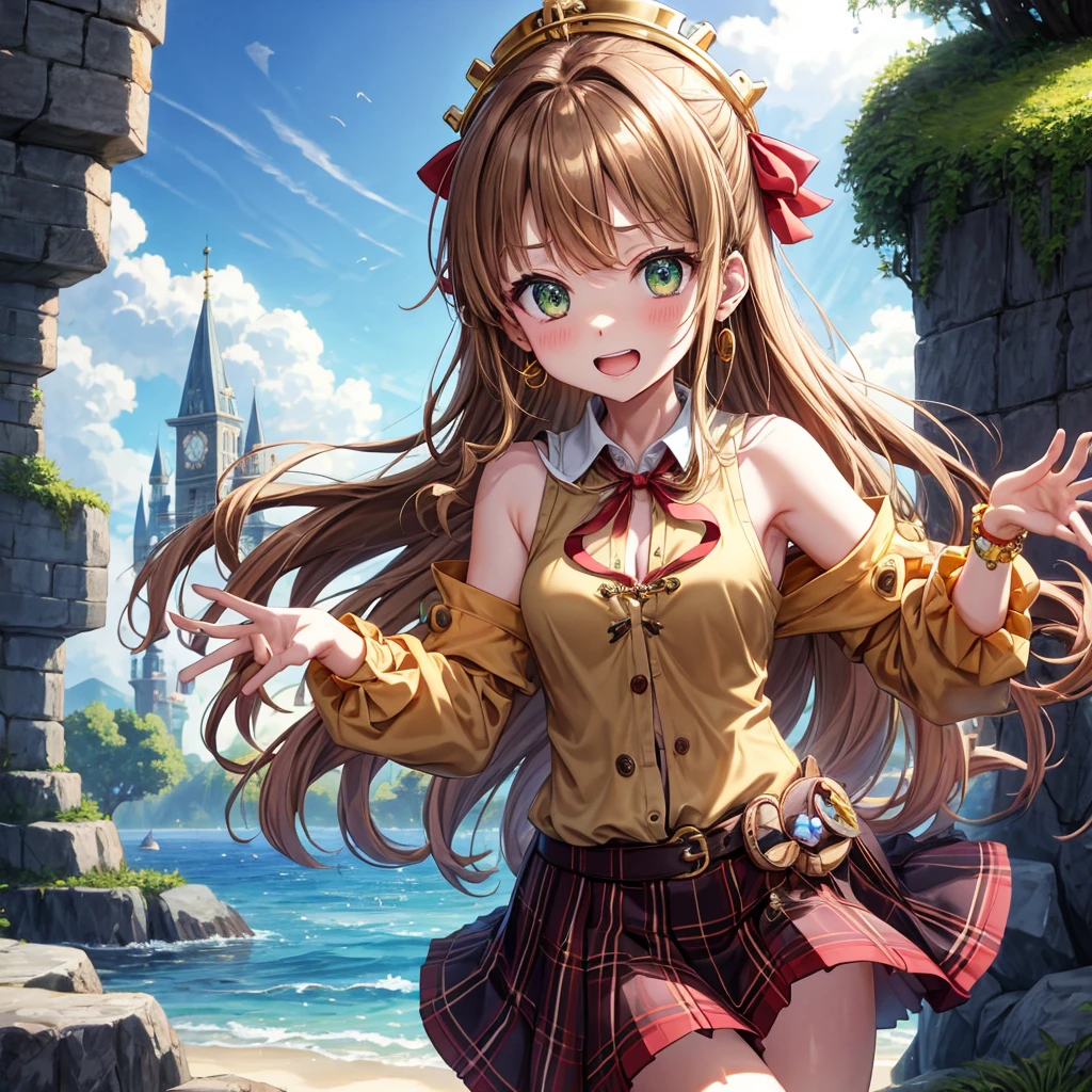 reddish-brown blonde、green eyes、one good looking girl、solo、anime、plaid mini skirt、the skirt has buttons、camisole、black t-shirt、dress、wearing a ribbon、ribbon at waist、cloak、hood、clouds are swirling、stone slabs are piled up、one hand raised、crystal earrings、sun、gold coins are falling、teeth are visible、splash of water、monster castle、have a world map、ceiling、golden key、balloon、jewelry necklace