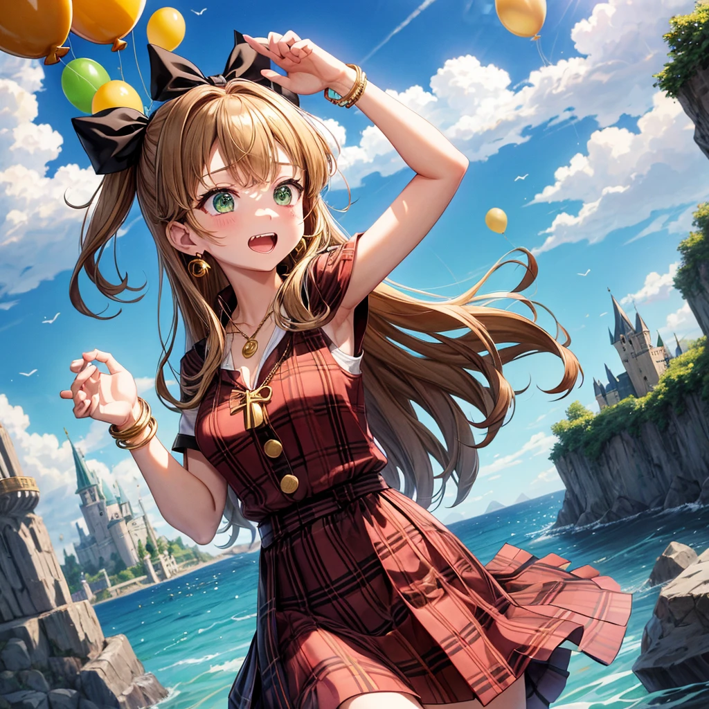 reddish-brown blonde、green eyes、one good looking girl、solo、anime、plaid mini skirt、the skirt has buttons、camisole、black t-shirt、dress、wearing a ribbon、ribbon at waist、cloak、hood、clouds are swirling、stone slabs are piled up、one hand raised、crystal earrings、sun、gold coins are falling、teeth are visible、splash of water、monster castle、have a world map、ceiling、golden key、balloon、jewelry necklace