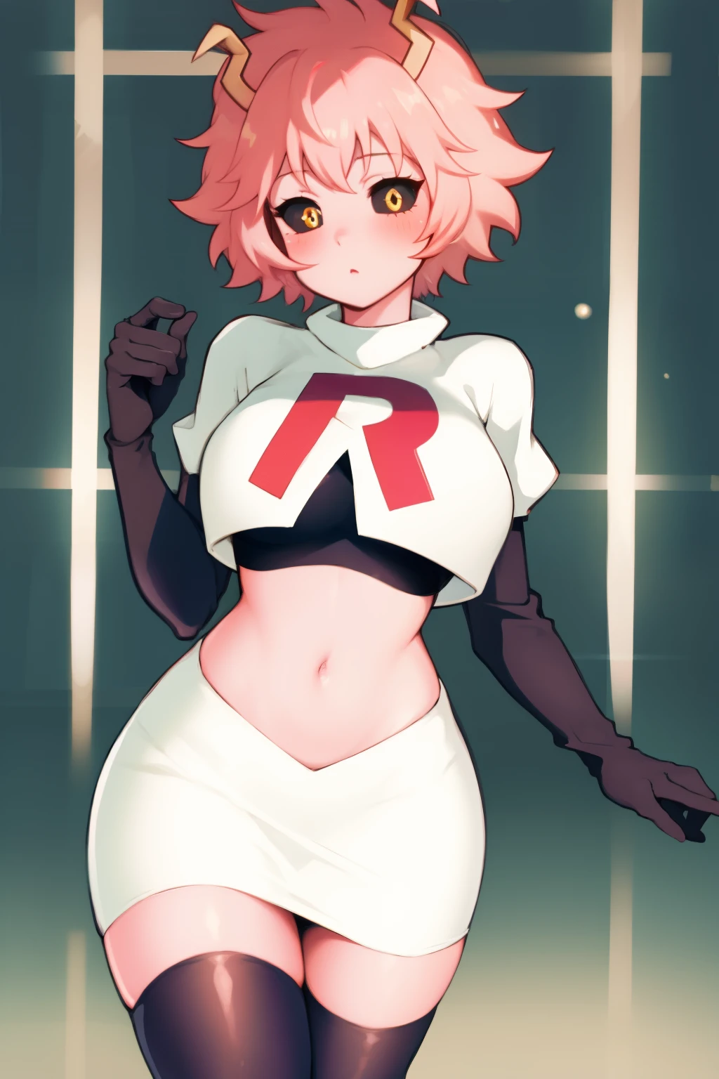 lumen reflections, natural lighting, evocative, triadic color scheme, cowboy shot, elegant, voluptuous:0.6, looking at viewer, 1girl, female, solo, blush, sfw, mina ashido, team rocket uniform, red letter R, white skirt,white crop top,black thigh-highs, black elbow gloves