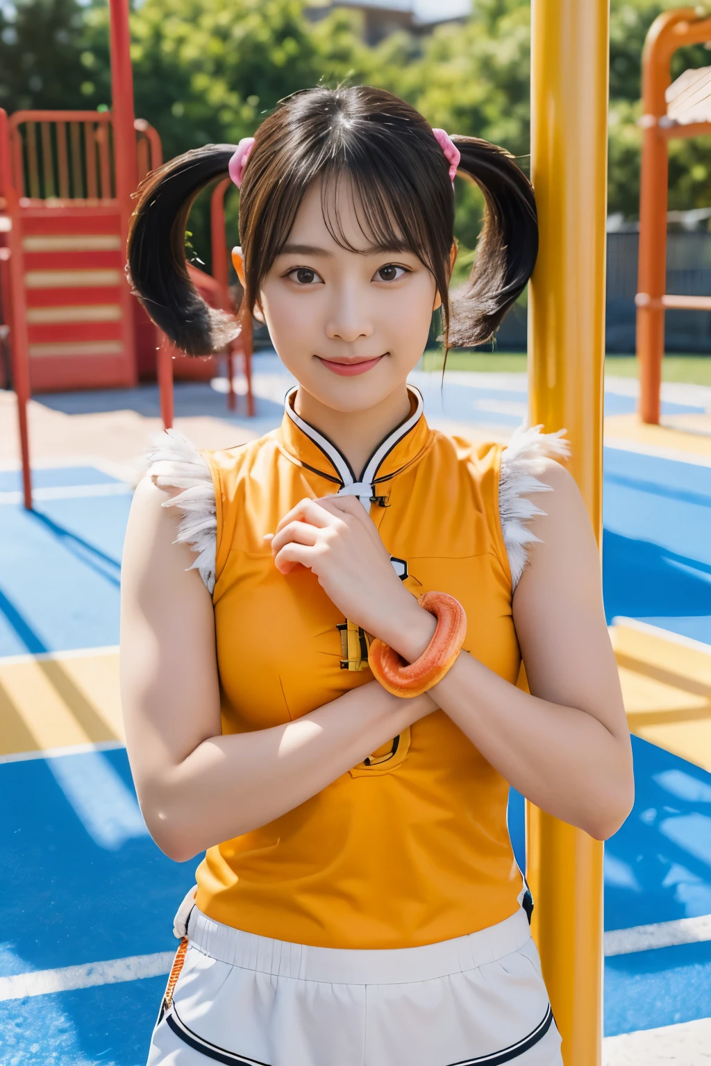 (masterpiece, highest quality:1.2), alone, 1 girl, high school girl,Upper body,Lin Xiaoyu, slight smile, twin tails, Chinese service, Orange Cheongsam, white shorts, No sleeve, jewelry, bracelet,schoolyard,playground,courtyard