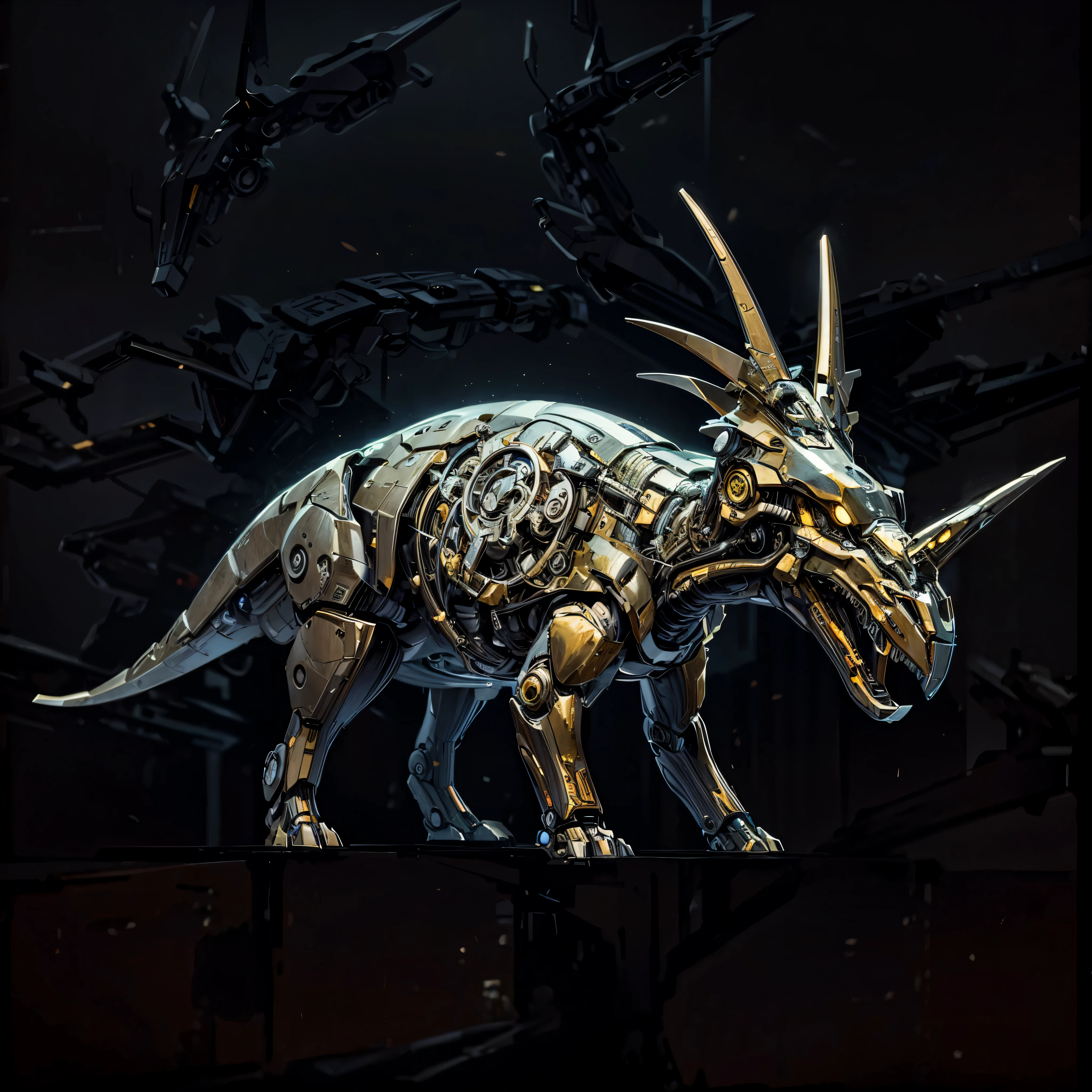 (futuristic:1.5,cyberpunk),(black canvas background:1.4,blurred background:1.4), Mechanical Styracosaurus, (Mechanical body:1.2, mechanical limbs:1.2, Gear joint, glowing eyes, realistic scifi cyberpunk armo),Ray tracing, Reasonable structure,backlight, close up, mechanical components,cybernetic, complicated,Selective focus, high resolution