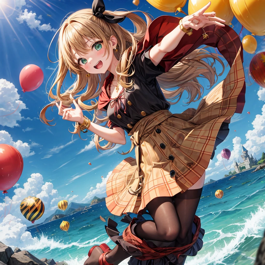 reddish-brown blonde、green eyes、one good looking girl、solo、anime、plaid mini skirt、the skirt has buttons、camisole、black t-shirt、dress、wearing a ribbon、ribbon at waist、cloak、hood、clouds are swirling、stone slabs are piled up、one hand raised、crystal earrings、sun、gold coins are falling、teeth are visible、splash of water、monster castle、have a world map、ceiling、golden key、balloon、jewelry necklace
