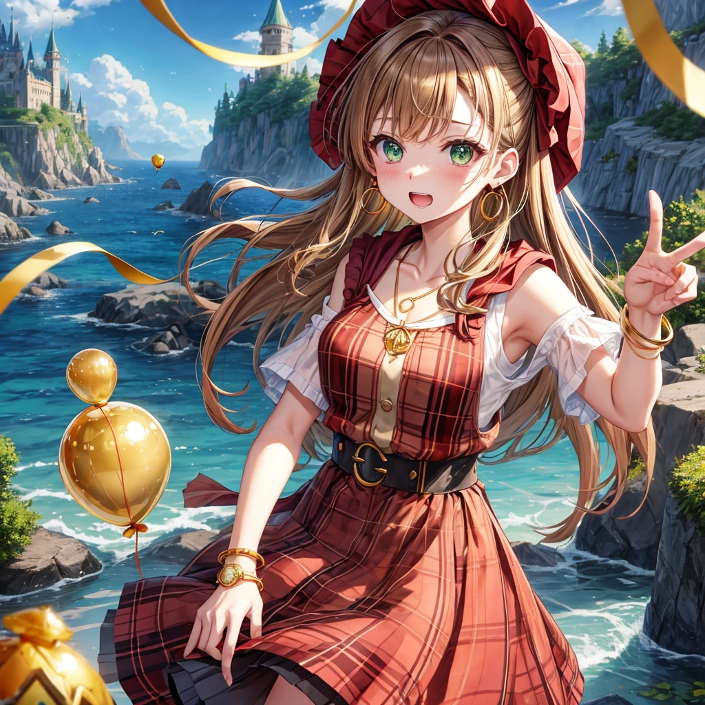 reddish-brown blonde、green eyes、one good looking girl、solo、anime、plaid mini skirt、the skirt has buttons、camisole、black t-shirt、dress、wearing a ribbon、ribbon at waist、cloak、hood、clouds are swirling、stone slabs are piled up、one hand raised、crystal earrings、sun、gold coins are falling、teeth are visible、splash of water、monster castle、have a world map、ceiling、golden key、balloon、jewelry necklace