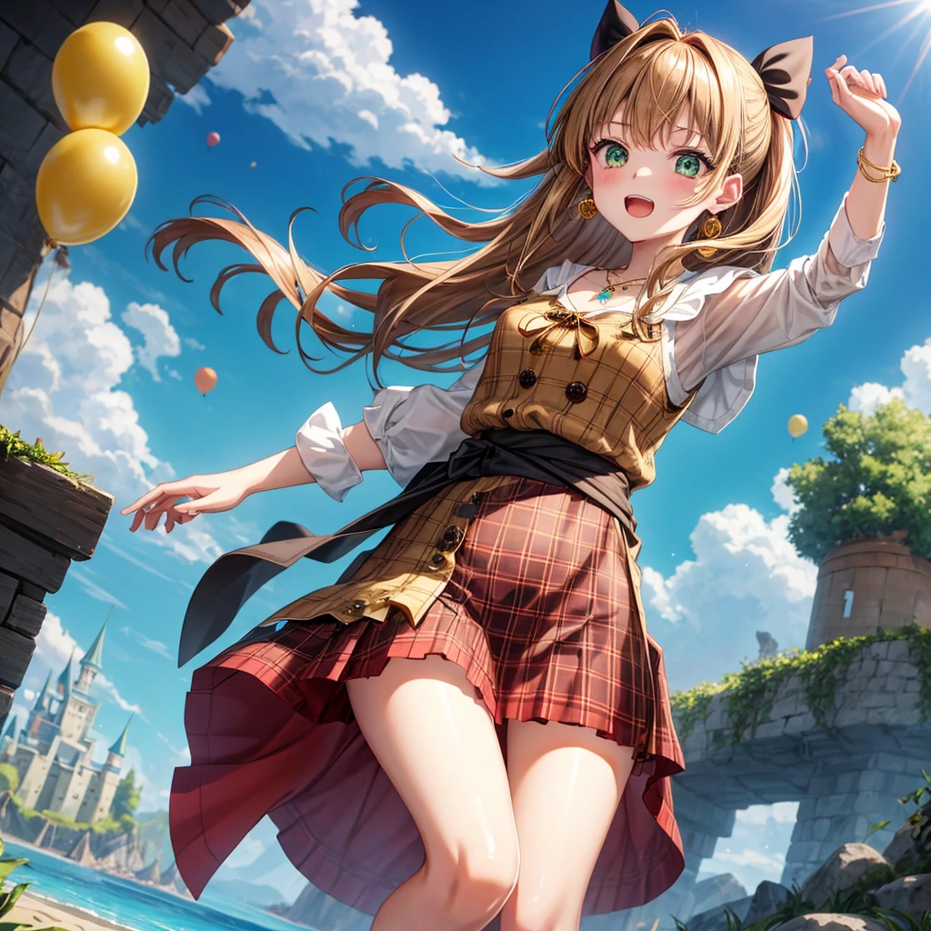 reddish-brown blonde、green eyes、one good looking girl、solo、anime、plaid mini skirt、the skirt has buttons、camisole、black t-shirt、dress、wearing a ribbon、ribbon at waist、cloak、hood、clouds are swirling、stone slabs are piled up、one hand raised、crystal earrings、sun、gold coins are falling、teeth are visible、splash of water、monster castle、have a world map、ceiling、golden key、balloon、jewelry necklace