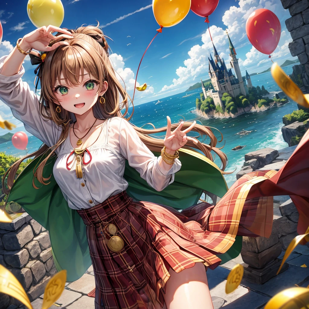 reddish-brown blonde、green eyes、one good looking girl、solo、anime、plaid mini skirt、the skirt has buttons、camisole、black t-shirt、dress、wearing a ribbon、ribbon at waist、cloak、hood、clouds are swirling、stone slabs are piled up、one hand raised、crystal earrings、sun、gold coins are falling、teeth are visible、splash of water、monster castle、have a world map、ceiling、golden key、balloon、jewelry necklace