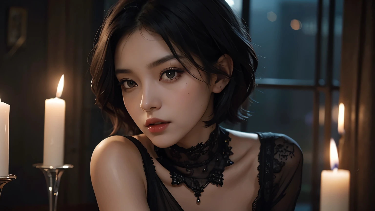 Milf, Black Hair, Short Hair, Sexy, Submission, Dress, Dark Romantic, Night, Dinner, Candles, High Details, Ultra HD, 4K