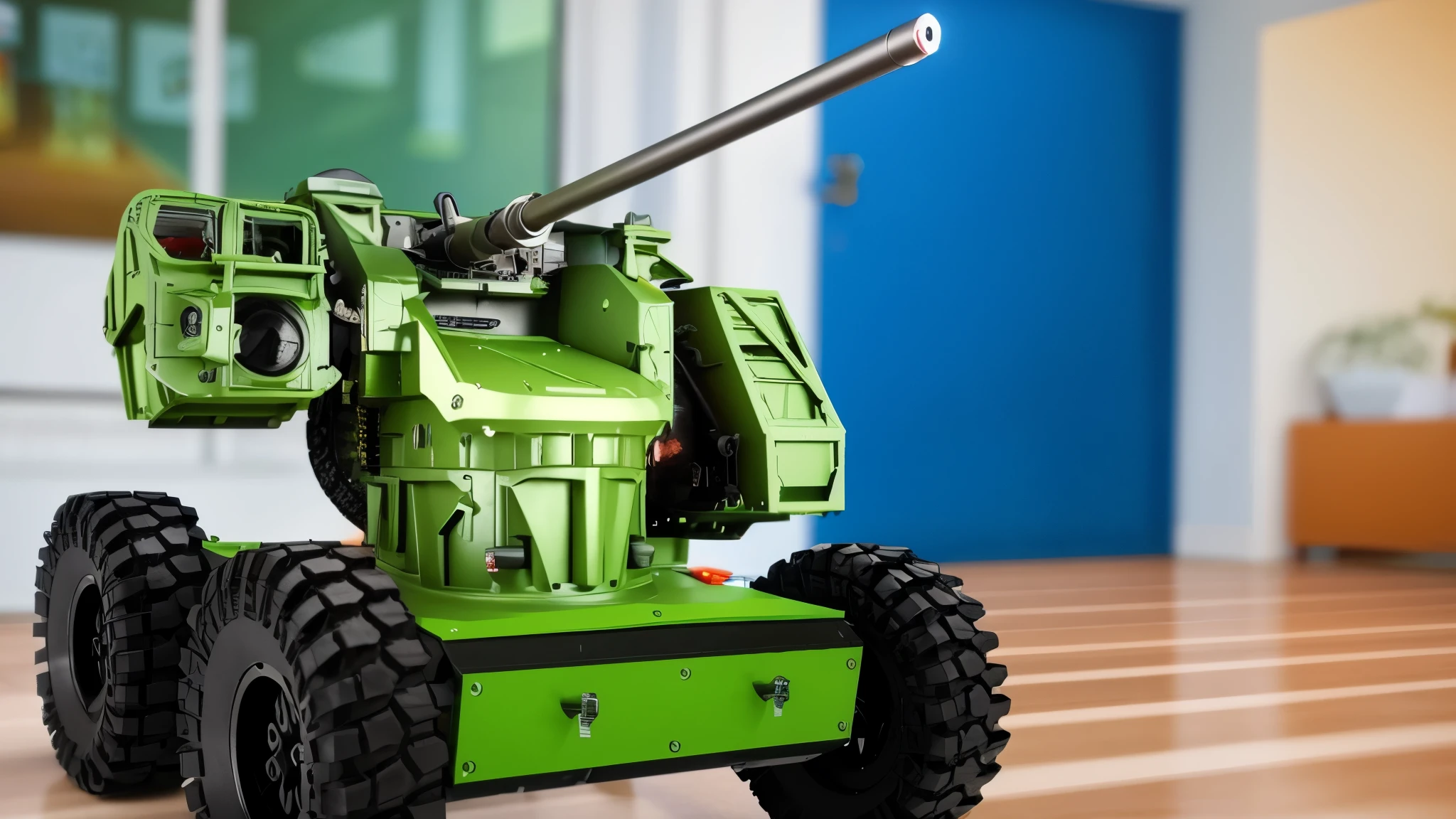 there is a toy vehicle that is sitting on a table, military robot, automated defence platform, accurate and detailed, rocket league tank, security robots delivery, tank has a large solid cannon, powerful detail, high detail shot, tank, accurate detail, military weaponry, with 3d render, with 3 d render, cad design of lawnmower, scout police robot, same design, realistic image, 16k resolution, very detailed image