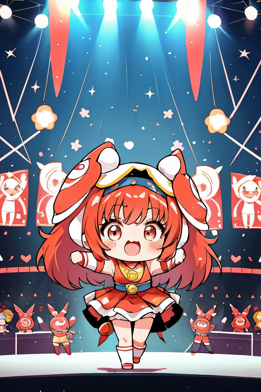 Chibi girl acting on the stage of Hero Sentai、wearing a cute monster costume