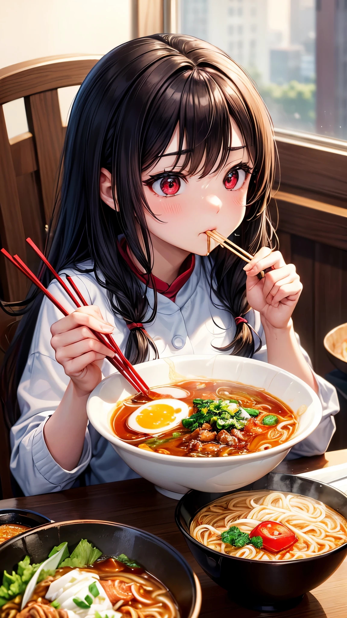 perfect anatomy, masterpiece:1.2, best quality, 8k, beautiful detailed grow, daydreaming expression:1.4, Precise and unmatched illustrations:1.3, break, (solo femdom cute red eyes girl, there is a cup of noodles with chopsticks in it, eating ramen, very tasty, ramen, not blurry, cutecore, eating noodles, not cropped, noodles, mukbang, krenz cushar, inspired by John Steuart Curry, taken in the early 2020s, mmmmm, closeup at the food).