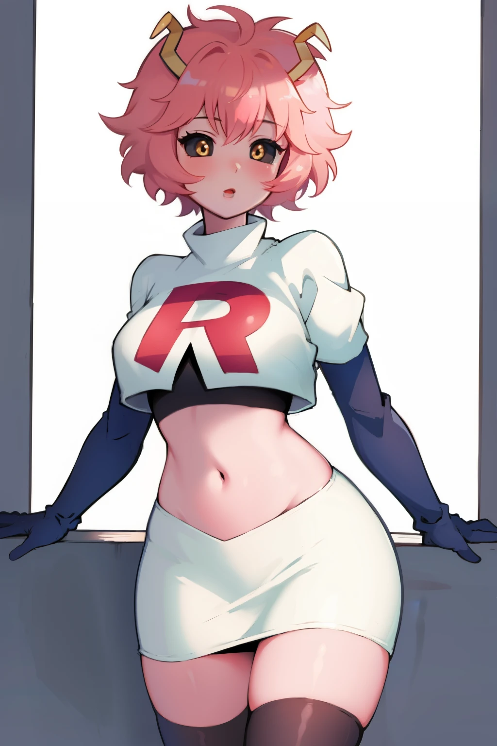 lumen reflections, natural lighting, evocative, triadic color scheme, cowboy shot, elegant, voluptuous:0.6, looking at viewer, 1girl, female, solo, blush, sfw, mina ashido, team rocket uniform, red letter R, white skirt,white crop top,black thigh-highs, black elbow gloves