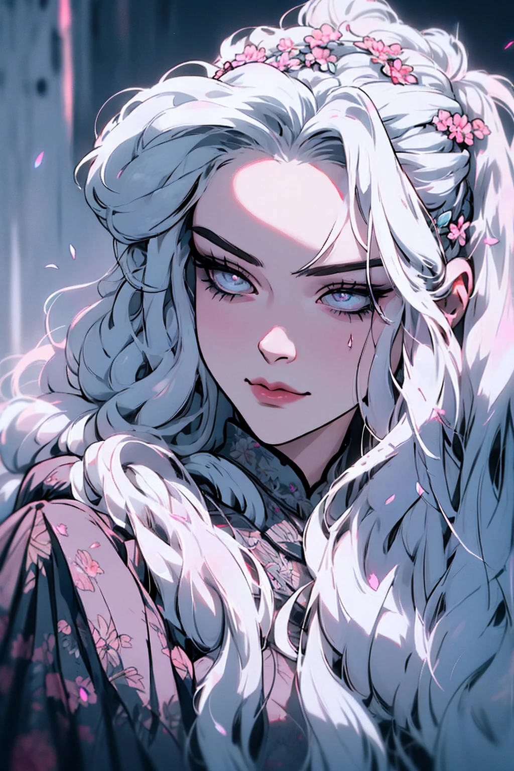 hyper-realistic  of a mysterious woman with flowing gray hair, pony tail, piercing opal eyes, and a delicate floral crown, delicate smile, upper body
