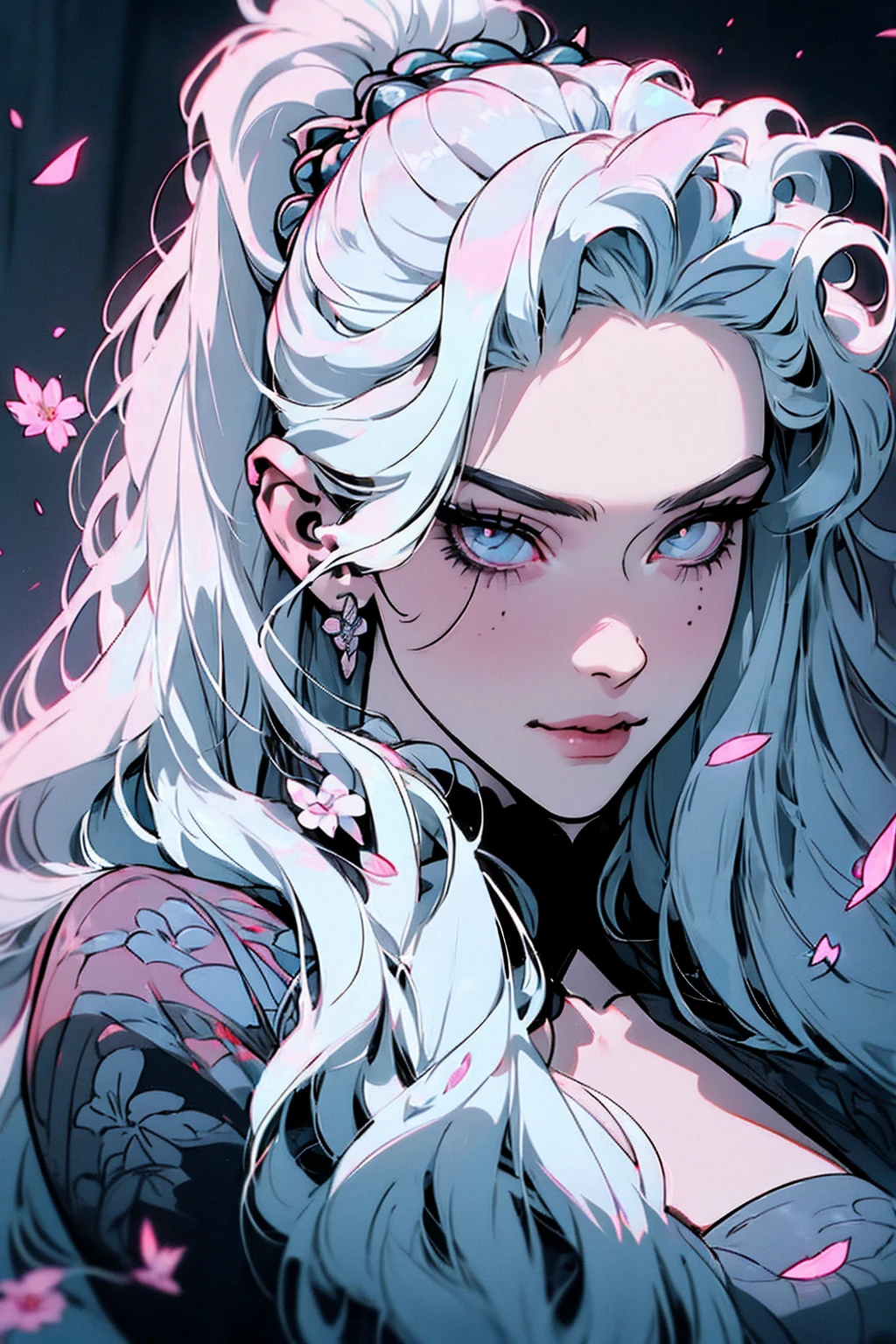 hyper-realistic of a mysterious woman with flowing gray hair, pony tail, piercing opal eyes, and a delicate floral crown, delicate smile, upper body
