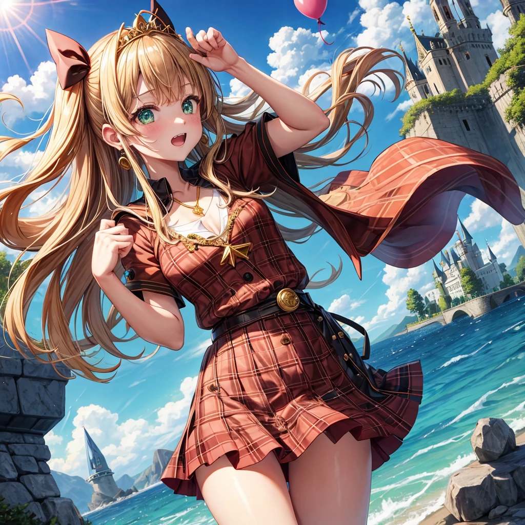 reddish-brown blonde、green eyes、one good looking girl、solo、anime、plaid mini skirt、the skirt has buttons、camisole、black t-shirt、dress、wearing a ribbon、ribbon at waist、cloak、hood、clouds are swirling、stone slabs are piled up、one hand raised、crystal earrings、sun、gold coins are falling、teeth are visible、splash of water、monster castle、have a world map、ceiling、golden key、balloon、jewelry necklace、tiara