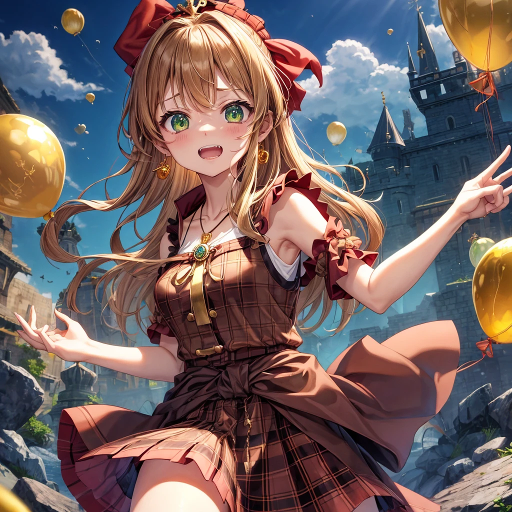 reddish-brown blonde、green eyes、one good looking girl、solo、anime、plaid mini skirt、the skirt has buttons、camisole、black t-shirt、dress、wearing a ribbon、ribbon at waist、cloak、hood、clouds are swirling、stone slabs are piled up、one hand raised、crystal earrings、sun、gold coins are falling、teeth are visible、splash of water、monster castle、have a world map、ceiling、golden key、balloon、jewelry necklace、tiara