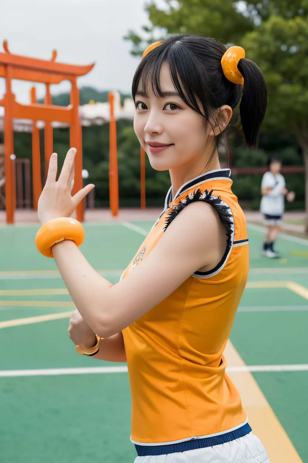 (masterpiece, highest quality:1.2), alone, 1 girl,Upper body,Lin Xiaoyu, slight smile, twin tails, Chinese service, Orange Cheongsam, white shorts, No sleeve, jewelry, bracelet,schoolyard,playground,courtyard