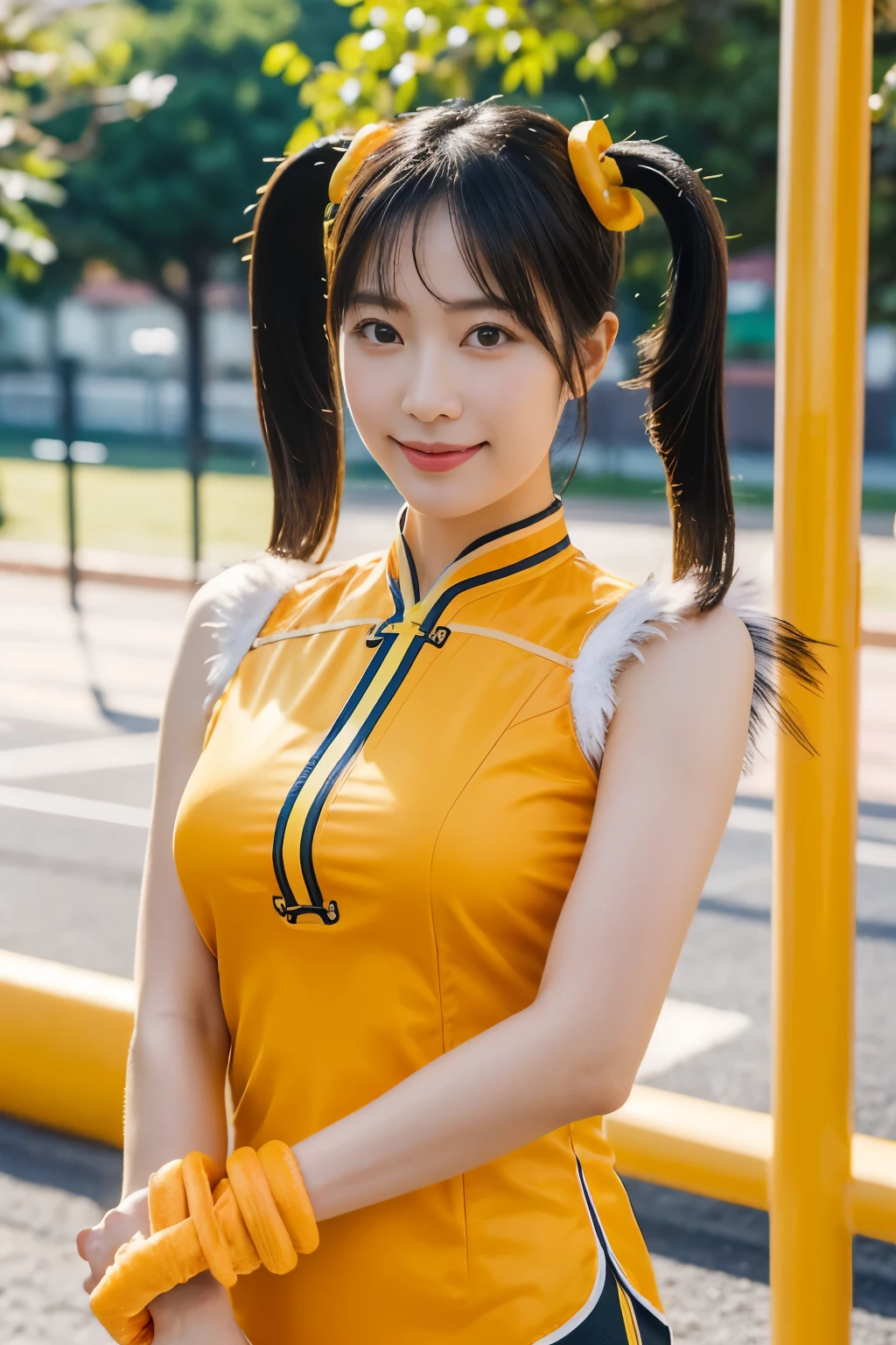 (masterpiece, highest quality:1.2), alone, 1 girl, Upper body,Lin Xiaoyu, slight smile, twin tails, Chinese service, Orange Cheongsam, white shorts, No sleeve, jewelry, bracelet,schoolyard,playground,courtyard