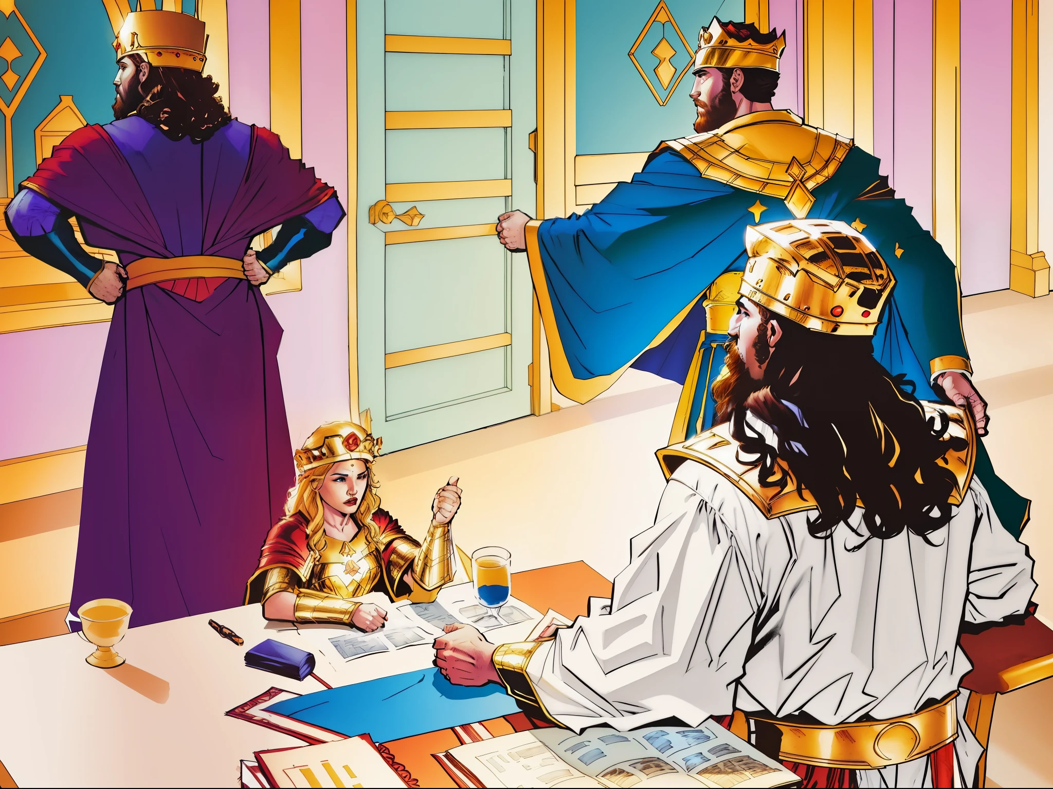 There&#39;s a king walking out a door. There's a woman sitting at a table. There's a man standing. Biblical setting. biblical style. biblical costumes. Marvel comic book style.