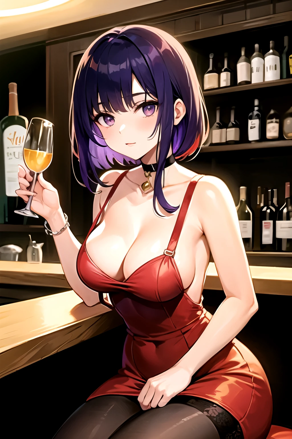 best qyality, perky tits, 8k, stocking suspenders, (woman 1), medium breasts, jazz bar, red dress, bob hairstyle, choker around the neck, starry eyes, noir style, professional, (yellow hair:1.2), (purple hair:1.5) full height, girl sitting at the bar counter, dim light indoors