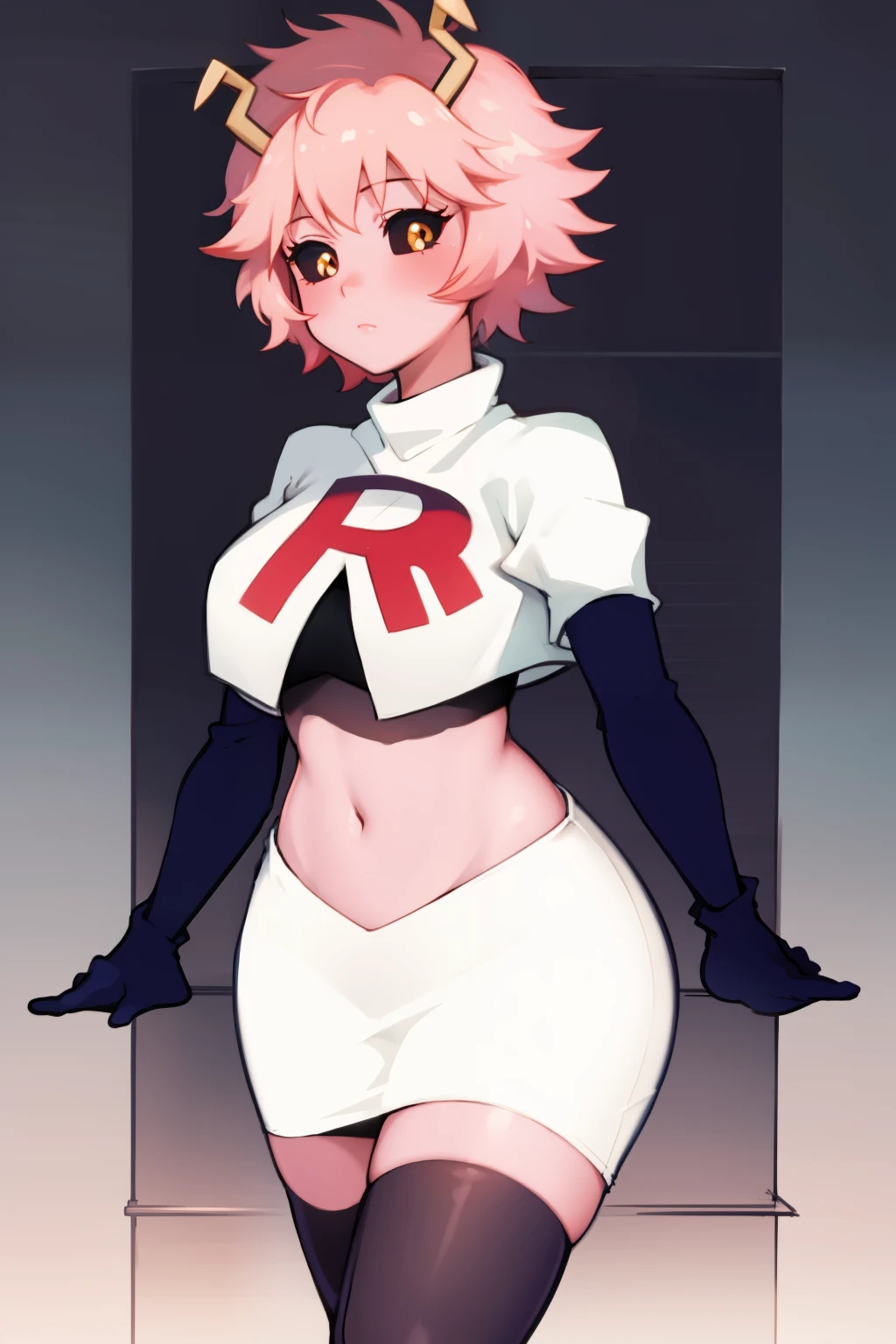 lumen reflections, natural lighting, evocative, triadic color scheme, cowboy shot, elegant, voluptuous:0.6, looking at viewer, 1girl, female, solo, blush, sfw, mina ashido, team rocket uniform, red letter R, white skirt,white crop top,black thigh-highs, black elbow gloves