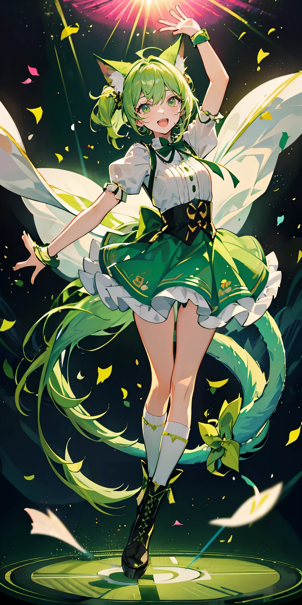 (muste piece), (best quality), very detailed, ((1 girl)), solo full body shot,Viewer's perspective,dancing,(smile),wink,perfect face, beautiful face, very detailedな顔,((light green hair_side tail_light green eyes:1.3)),Gorgeous idol costumes,Skirt with lots of frills,solo idol,ribbon hair ornament,ribbon boots,knee high socks,concert dome,live,have a microphone,singing,smiling with mouth wide open,Laser Light,Spotlight,Lots of confetti、A large amount of petals dance