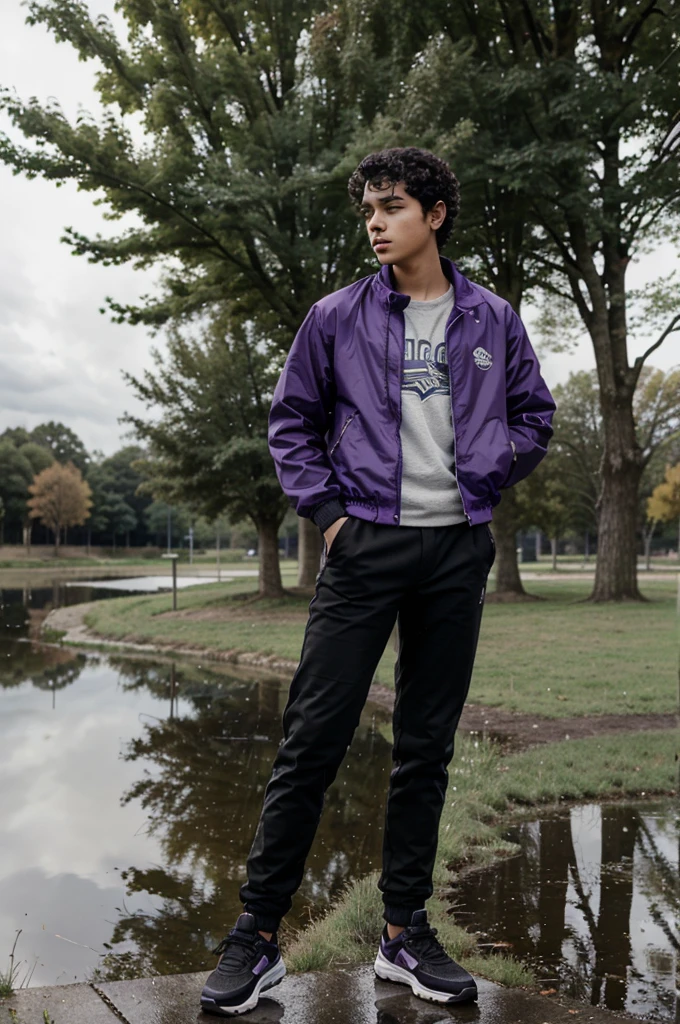 A age boy with a purple jacket, black pants, black shoes, black curly hair, standing in front of a pond during a cloudy day, wind blows through the trees.