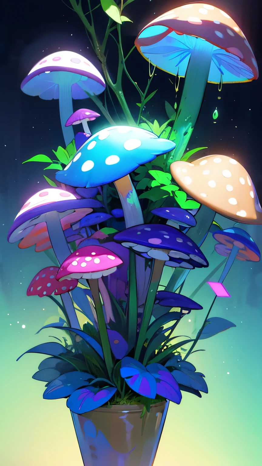 Light Soft lighting fantasy neon mushroom都市 cyber punk mushroom Composed of fungal elements。ドーム型の結晶泉の花のmushroomの帽子のようで、Fantastic and colorful、Decorated with sparkling speckled patterns。arms are long、Flexible vines grow from its shoulders.、Can be as vertical as a human hand。faces are in small groups、蓋の下に埋め込まれた生物発Lightの球が、The arrangement is reminiscent of the features of a human face.。photorealism、Super detailed、4K、High resolution
