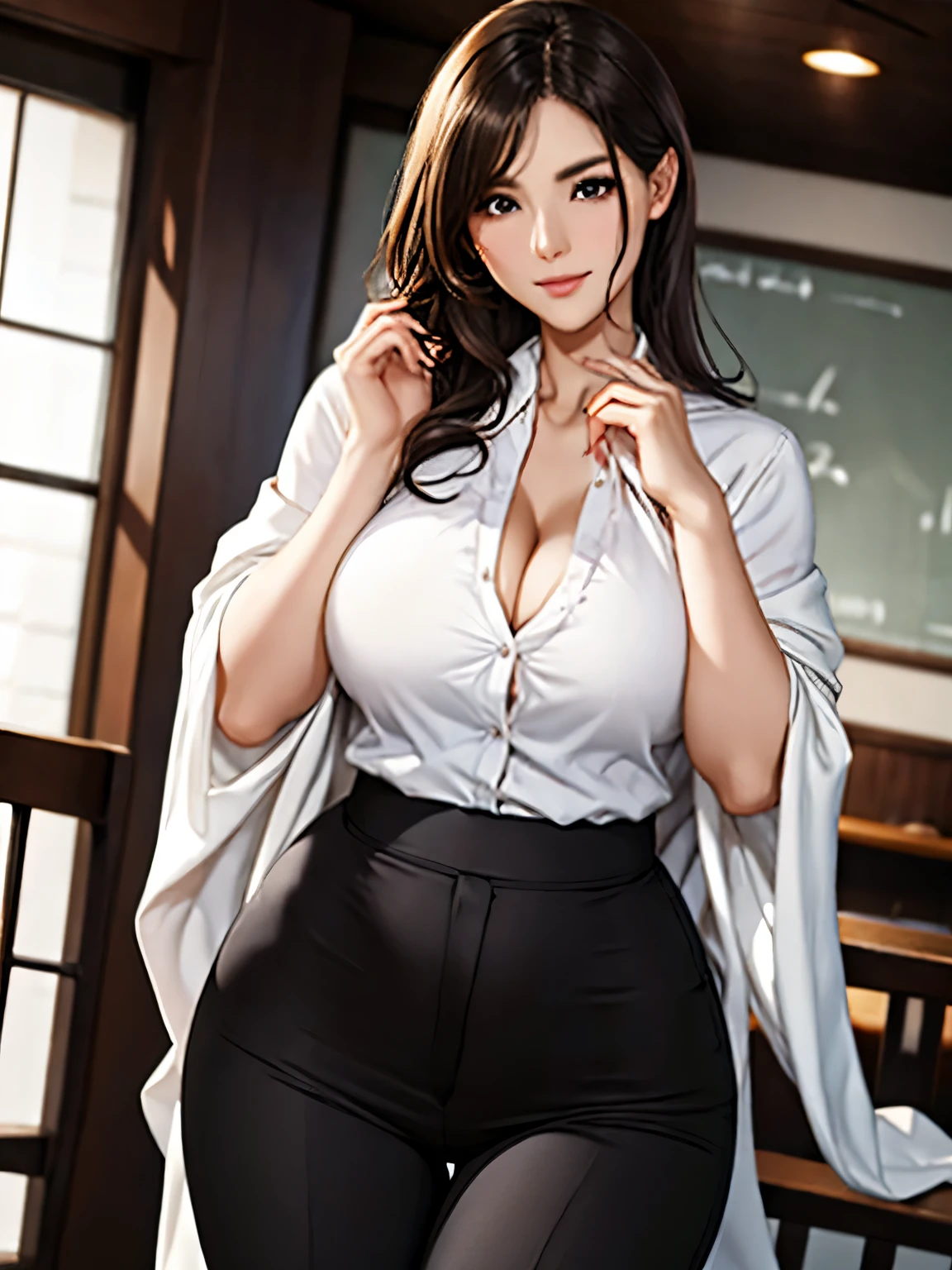 this beautiful teacher、He wore a simple and elegant white shirt and black slim pants。, Showing off her tall figure and graceful curves. her long hair was tied into a shawl, slightly curled, and gave off a faint scent. her features are delicate, her eyes are bright and cheerful, her eyebrows are thin and natural, her lips are rosy and sexy, and her face is round and smooth.