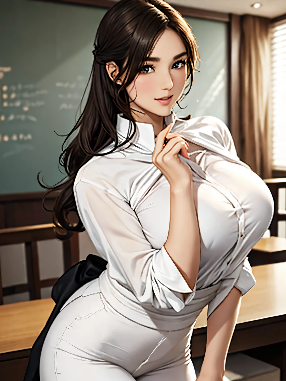 this beautiful teacher、He wore a simple and elegant white shirt and black slim pants。, Showing off her tall figure and graceful curves. her long hair was tied into a shawl, slightly curled, and gave off a faint scent. her features are delicate, her eyes are bright and cheerful, her eyebrows are thin and natural, her lips are rosy and sexy, and her face is round and smooth.