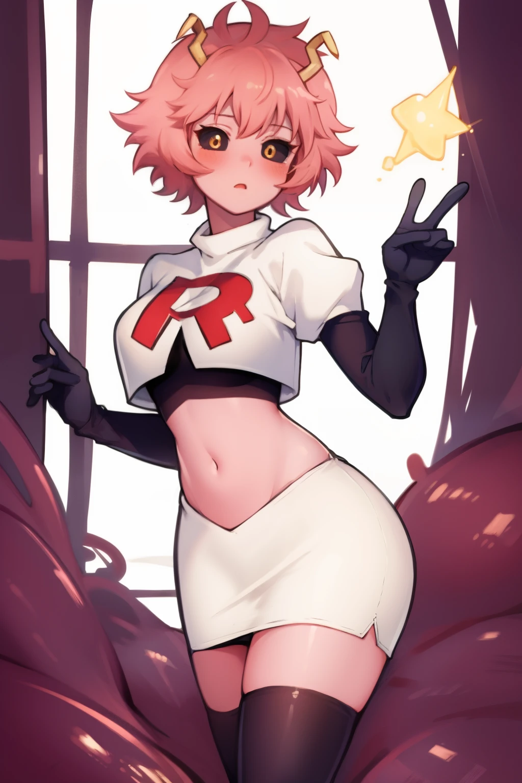 lumen reflections, natural lighting, evocative, triadic color scheme, cowboy shot, elegant, voluptuous:0.6, looking at viewer, 1girl, female, solo, blush, sfw, mina ashido, team rocket uniform, red letter R, white skirt,white crop top,black thigh-highs, black elbow gloves