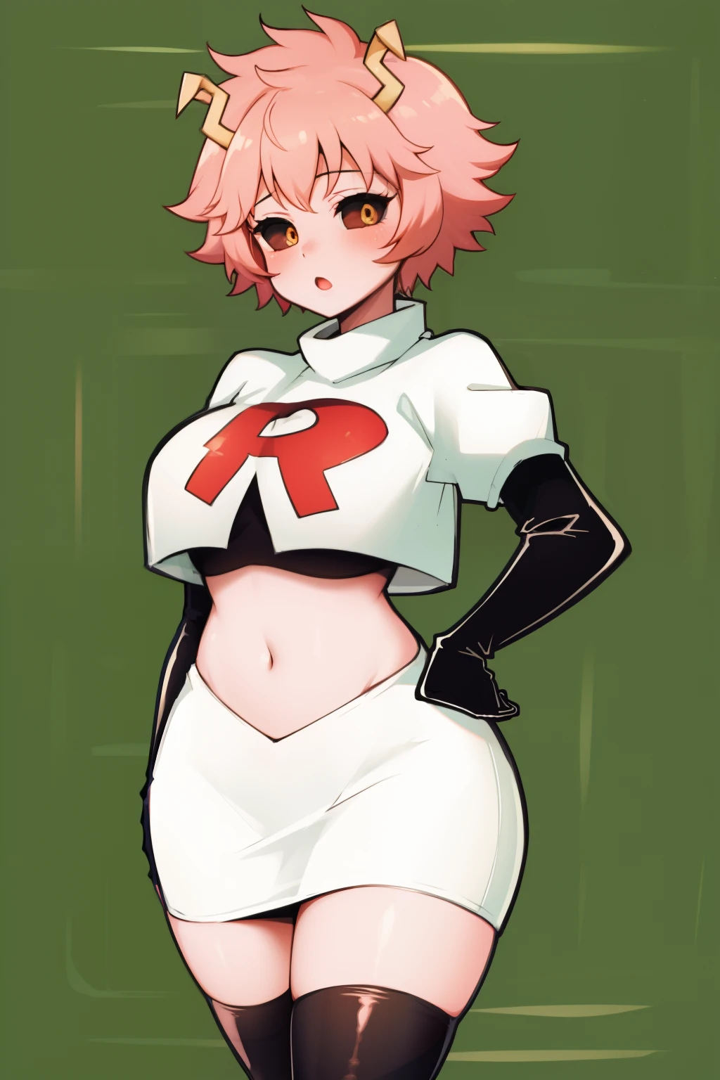 lumen reflections, natural lighting, evocative, triadic color scheme, cowboy shot, elegant, voluptuous:0.6, looking at viewer, 1girl, female, solo, blush, sfw, mina ashido, team rocket uniform, red letter R, white skirt,white crop top,black thigh-highs, black elbow gloves