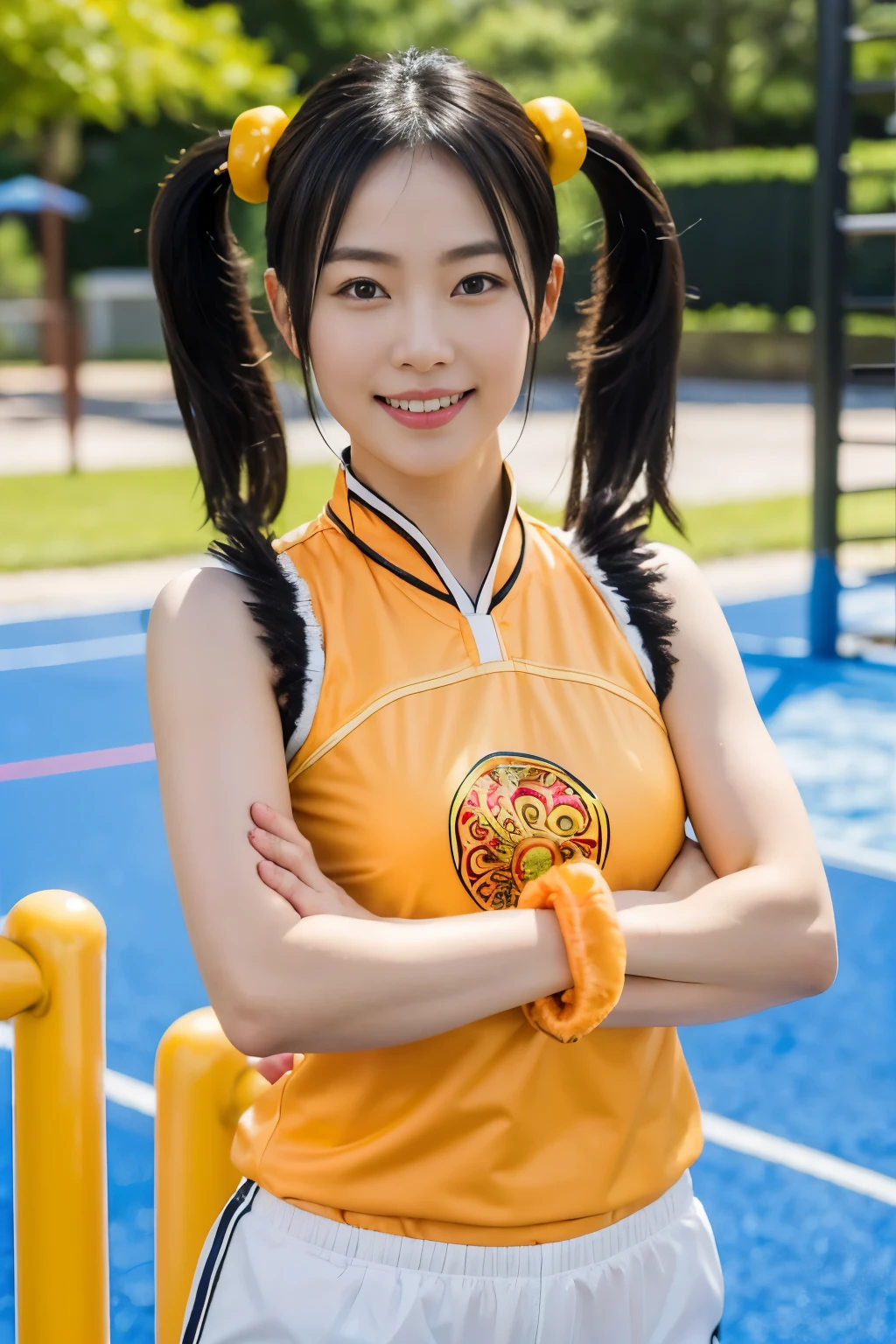 (masterpiece, highest quality:1.2), alone, 1 girl,Upper body,Lin Xiaoyu, slight smile, twin tails, Chinese service, Orange Cheongsam, white shorts, No sleeve, jewelry, bracelet,schoolyard,playground,courtyard