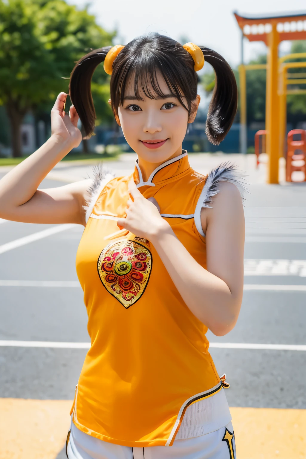 (masterpiece, highest quality:1.2), alone, 1 girl, Upper body,Lin Xiaoyu, slight smile, twin tails, Chinese service, Orange Cheongsam, white shorts, No sleeve, jewelry, bracelet,schoolyard,playground,courtyard