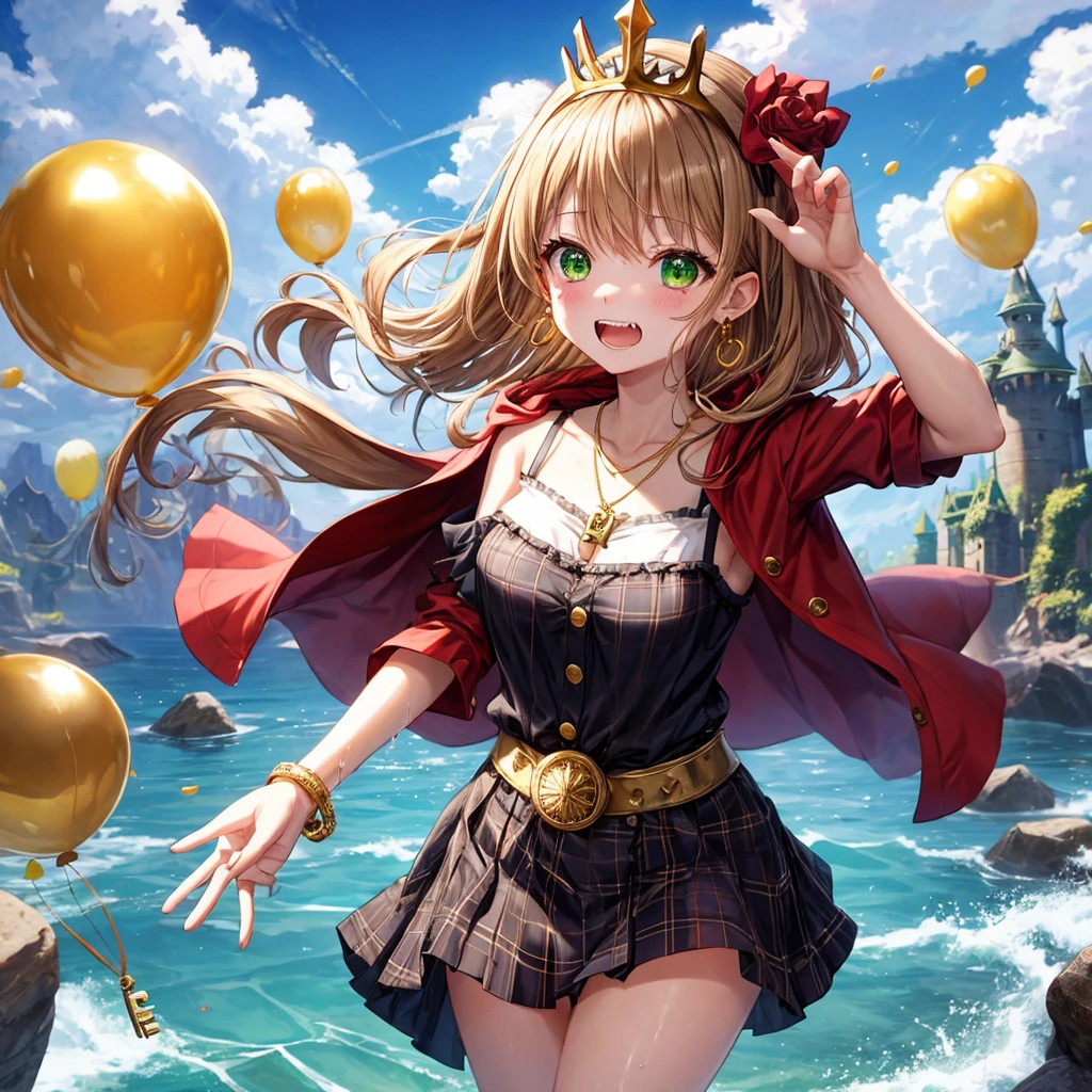 reddish-brown blonde、green eyes、one good looking girl、solo、anime、plaid mini skirt、the skirt has buttons、camisole、black t-shirt、dress、wearing a ribbon、ribbon at waist、cloak、hood、clouds are swirling、stone slabs are piled up、one hand raised、crystal earrings、sun、gold coins are falling、teeth are visible、splash of water、monster castle、have a world map、ceiling、golden key、balloon、jewelry necklace、tiara