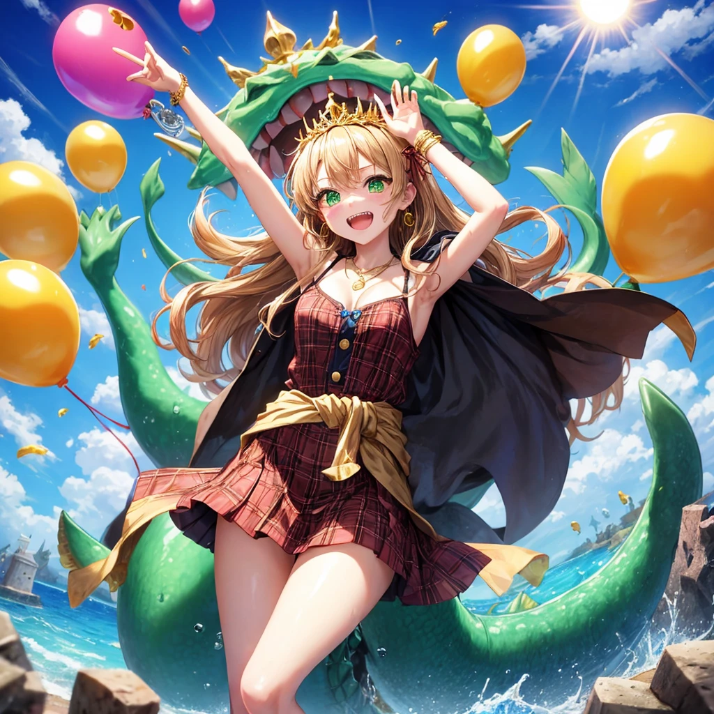 reddish-brown blonde、green eyes、one good looking girl、solo、anime、plaid mini skirt、the skirt has buttons、camisole、black t-shirt、dress、wearing a ribbon、ribbon at waist、cloak、hood、clouds are swirling、stone slabs are piled up、one hand raised、crystal earrings、sun、gold coins are falling、teeth are visible、splash of water、monster castle、have a world map、ceiling、golden key、balloon、jewelry necklace、tiara
