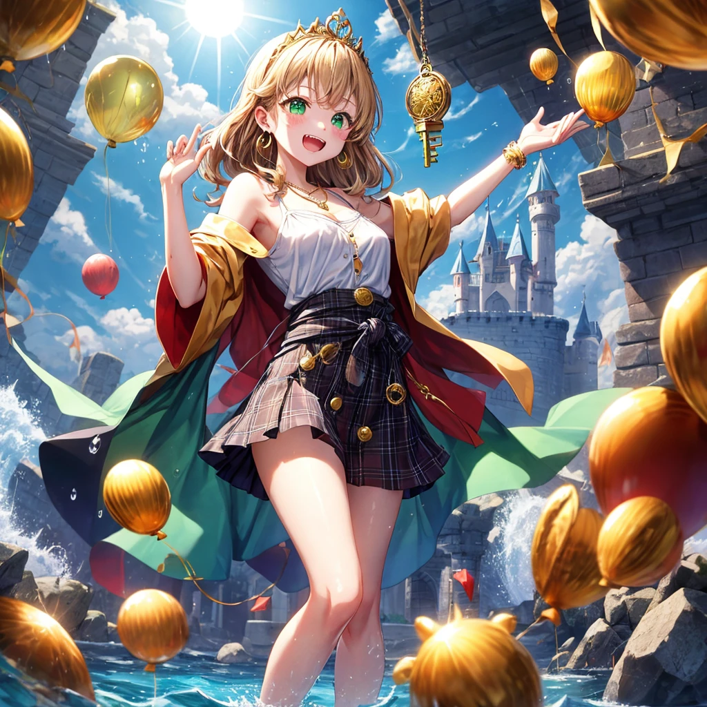 reddish-brown blonde、green eyes、one good looking girl、solo、anime、plaid mini skirt、the skirt has buttons、camisole、black t-shirt、dress、wearing a ribbon、ribbon at waist、cloak、hood、clouds are swirling、stone slabs are piled up、one hand raised、crystal earrings、sun、gold coins are falling、teeth are visible、splash of water、monster castle、have a world map、ceiling、golden key、balloon、jewelry necklace、tiara