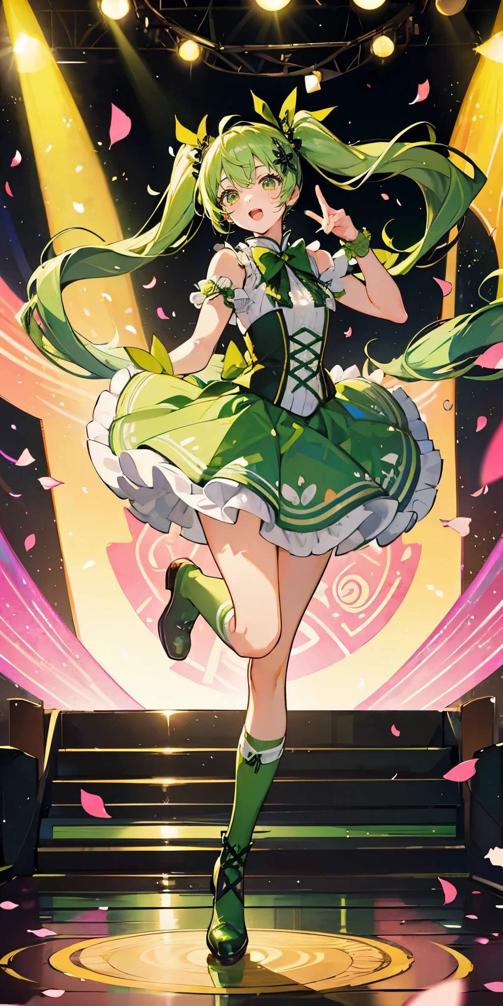 (muste piece), (best quality), very detailed, ((1 girl)), solo full body shot，Viewer&#39;s perspective，dancing，(smile)，wink，perfect face, beautiful face, very detailedな顔，((light green hair_long twin tails_light green eyes:1.3))，Gorgeous idol costumes，Skirt with lots of frills，solo idol，ribbon hair ornament，ribbon boots，knee high socks，concert dome，live，have a microphone，singing，smiling with mouth wide open，Laser Light，Spotlight，Lots of confetti、A large amount of petals dance