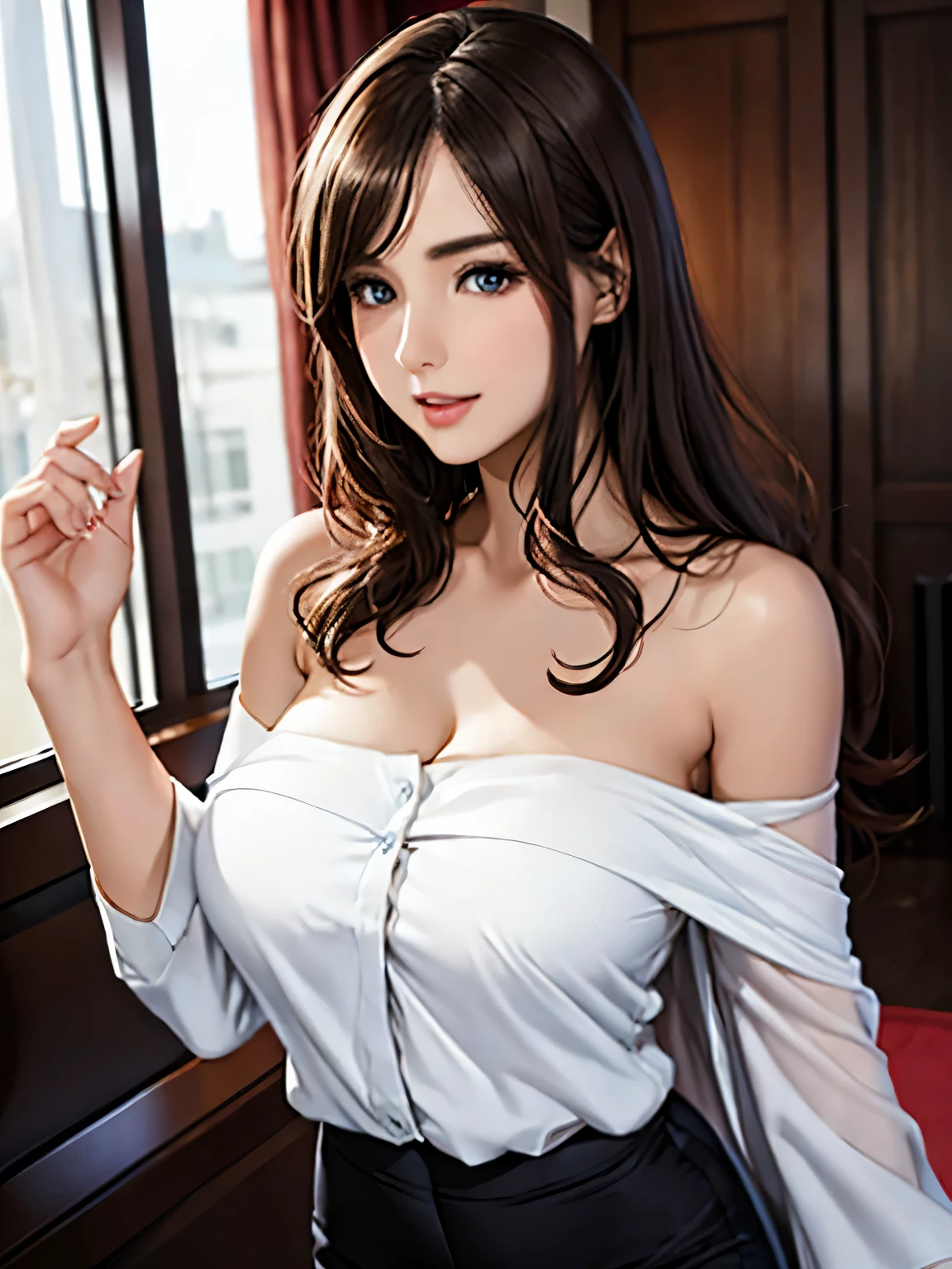 (best quality,highreinimalistic elegant white shirt,slim black pants,her tall figure and graceful curves,on the shoulder,slightly curled,long hair,emitting a subtle fragrance,dainty facial features,bright and lively eyes,naturally thin eyebrows,rose-colored and sexy lips,round and smooth face,