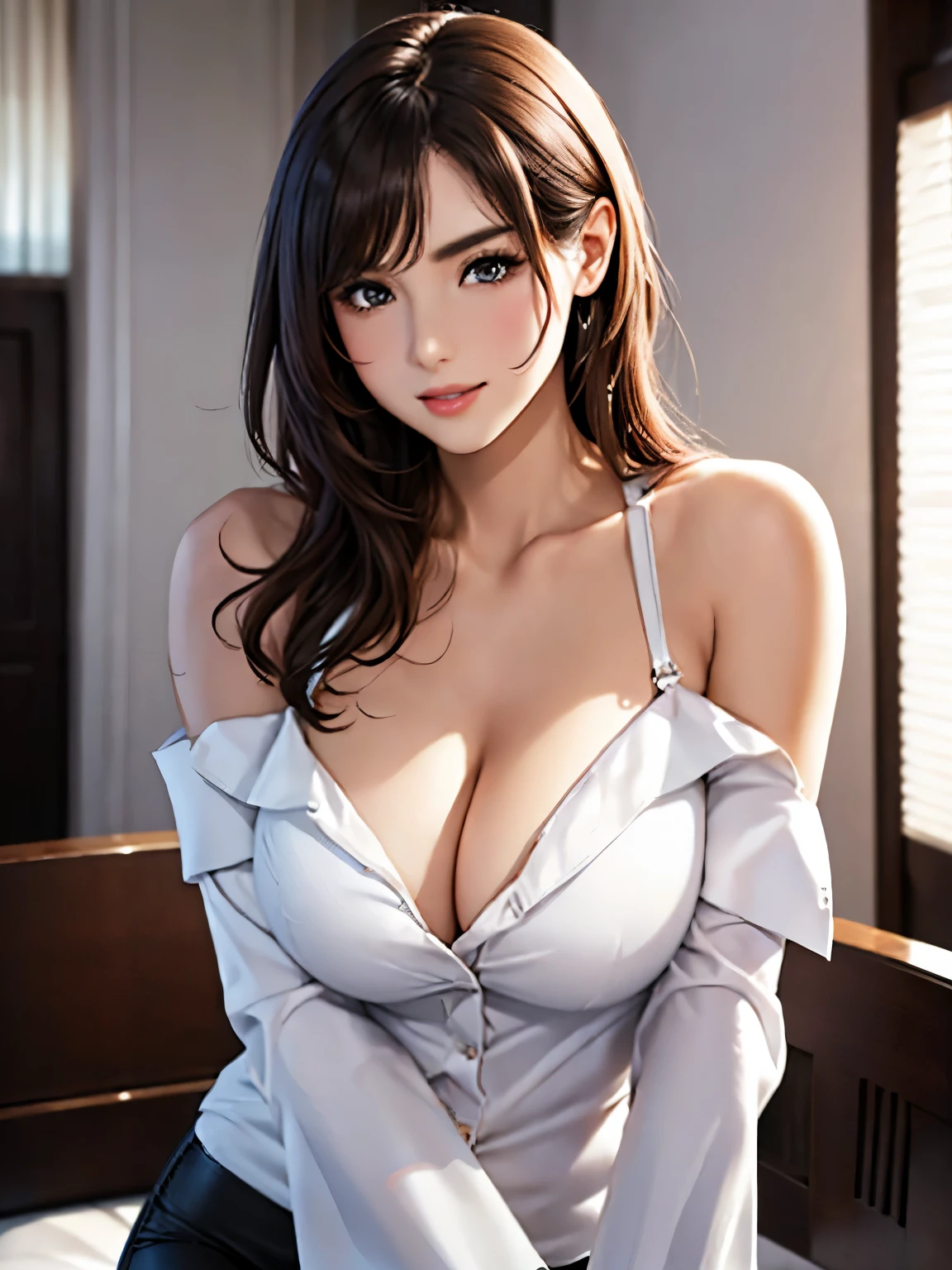 (best quality,highreinimalistic elegant white shirt,slim black pants,her tall figure and graceful curves,on the shoulder,slightly curled,long hair,emitting a subtle fragrance,dainty facial features,bright and lively eyes,naturally thin eyebrows,rose-colored and sexy lips,round and smooth face,