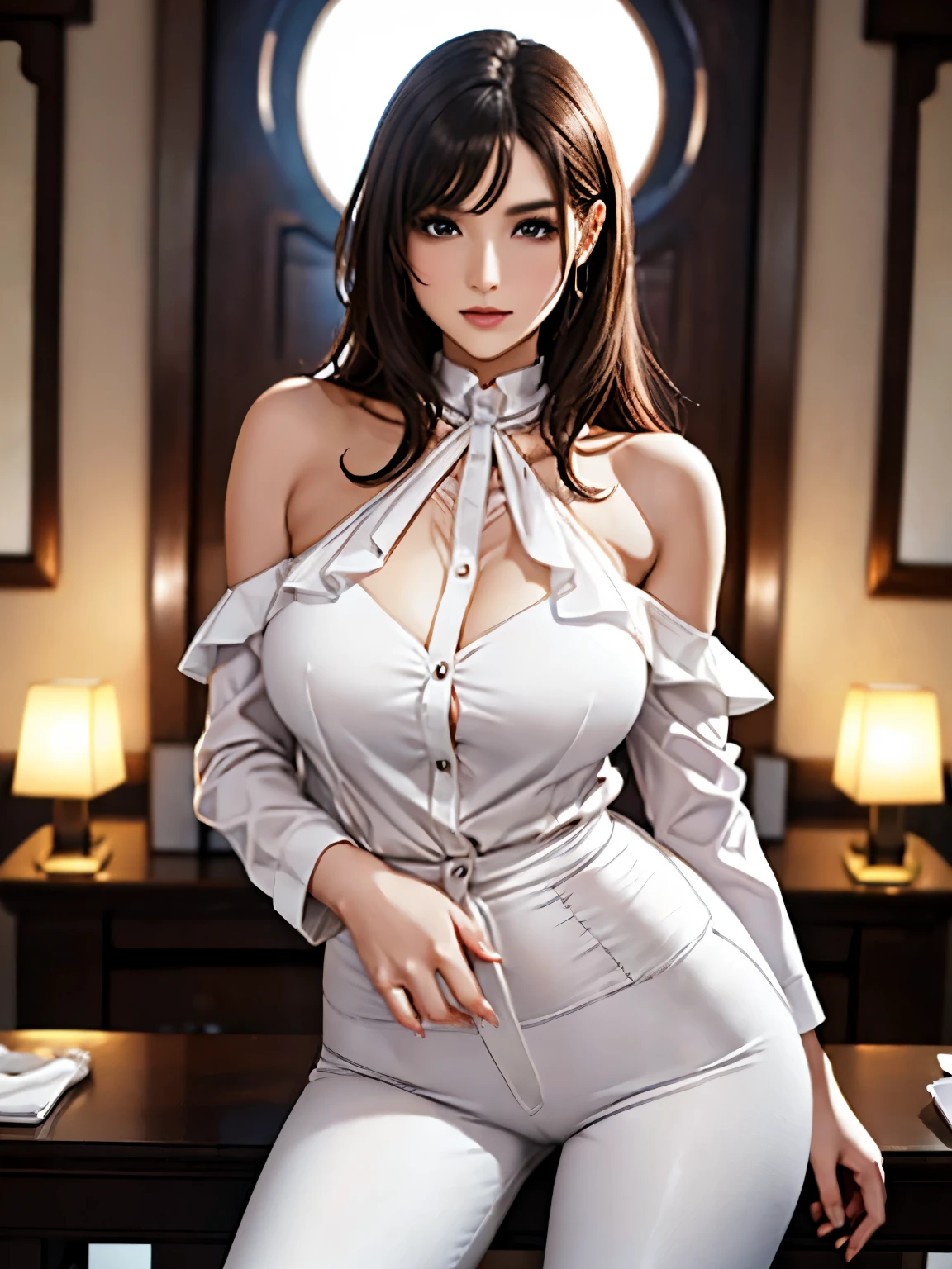 (best quality,highreinimalistic elegant white shirt,slim black pants,her tall figure and graceful curves,on the shoulder,slightly curled,long hair,emitting a subtle fragrance,dainty facial features,bright and lively eyes,naturally thin eyebrows,rose-colored and sexy lips,round and smooth face,