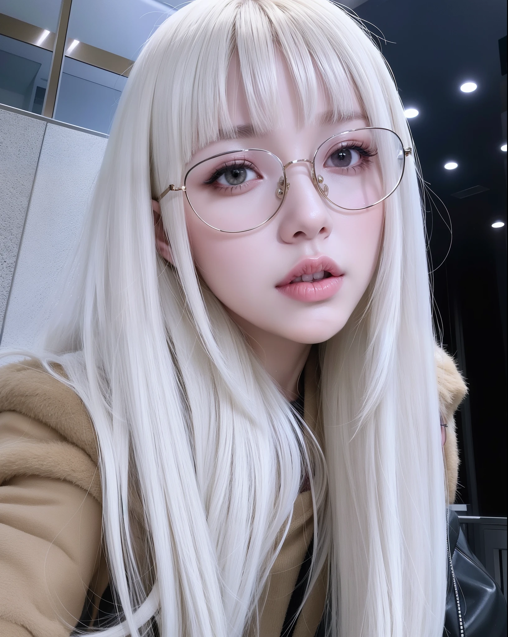 blond woman con gafas and a furry coat posing for a picture, bella delfina, pelo largo y blanco y flequillo, ava max, flequillo blanco, peinado de corte hime blanco, parque roseanne de blackpink, gafas transparentes, Lalisa Manoban de Blackpink, ulzzang, Lalisa Manobal, con gafas, pelo largo con flequillo completo, cabello con flequillo blanco