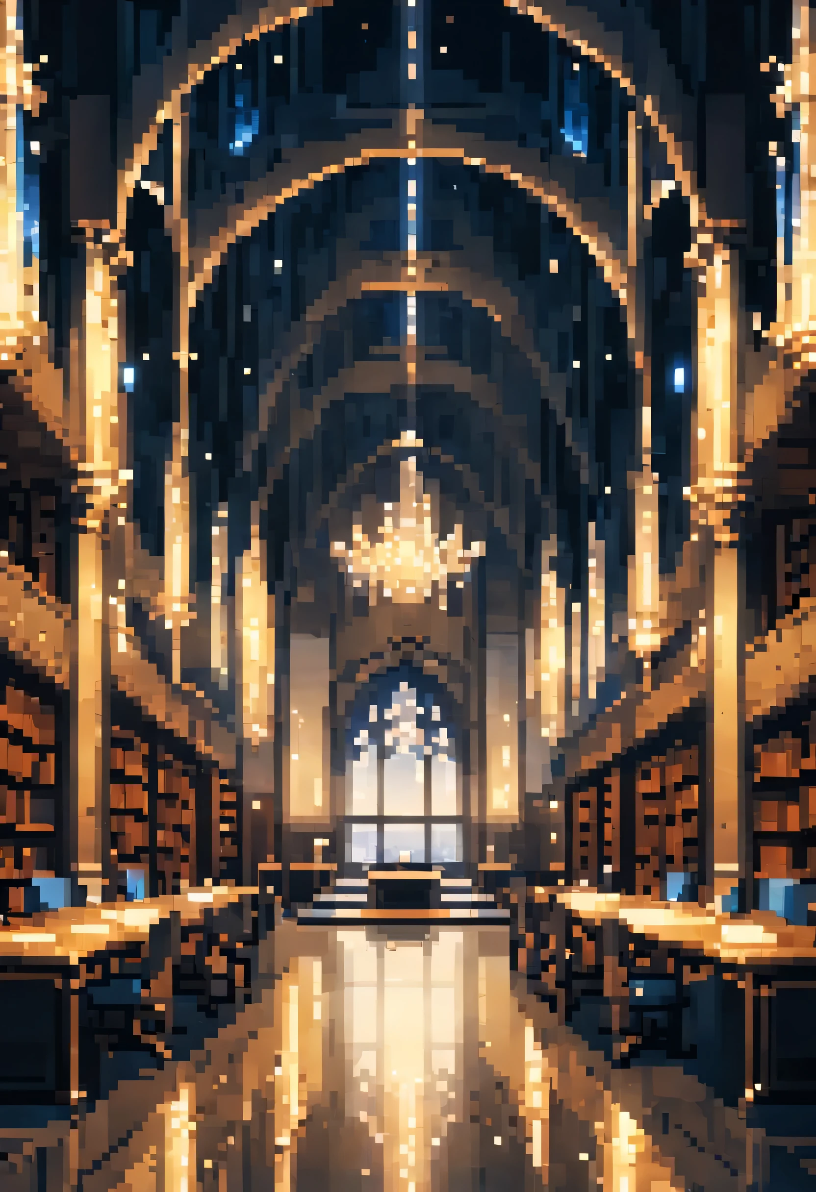 a great hall as a library with bright gold lights and futeristic crystals Minimalism, anime, jpeg artifacts, Eye-Level Shot, atmospheric perspective, masterpiece, ccurate, high quality, best quality, 8k