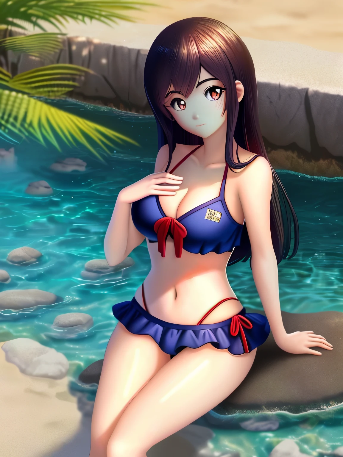 anime girl in a bikini posing on a stone wall by the water, seductive anime girl, anime moe artstyle, smooth anime cg art, realistic bikini, attractive anime girl, marin kitagawa fanart, ilya kuvshinov. 4 k, at a beach, anime visual of a cute girl, anime best girl, swimsuit, in the beach, beautiful anime girl