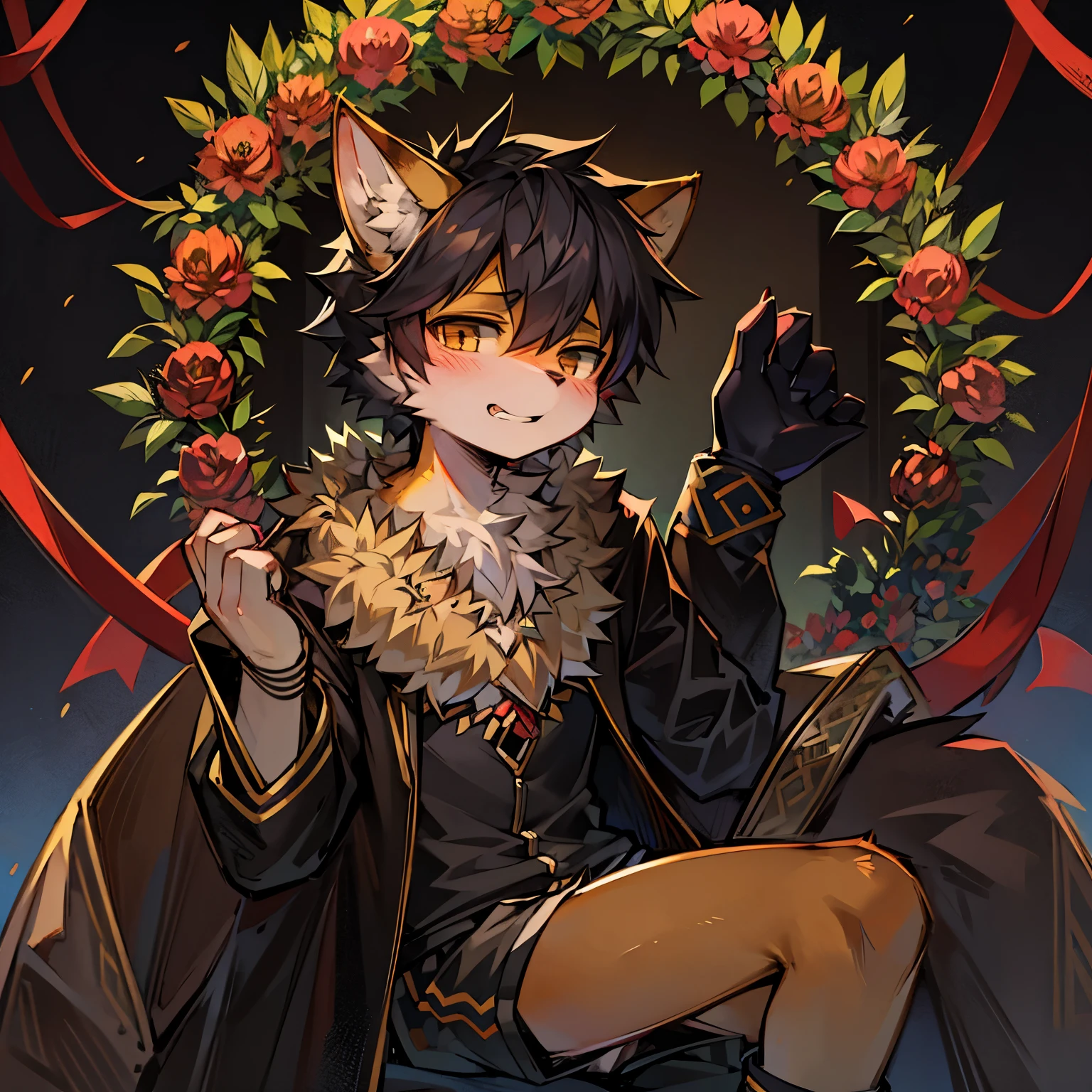 fox boy,male focus,furry men,Furry Shota,Yandere traits,wreath,black hair,yellow skin,coat,shorts