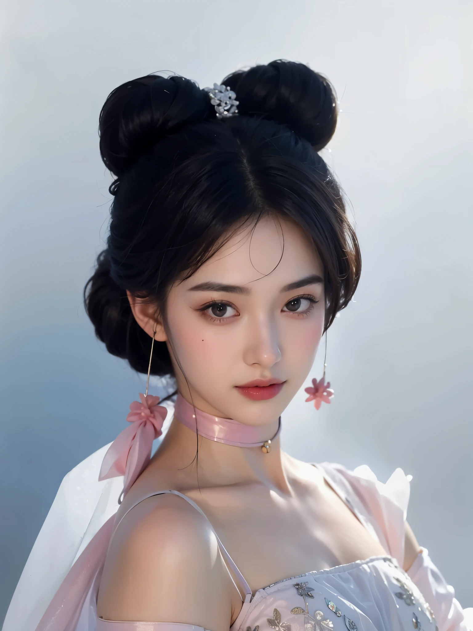 Realistic photo of a beautiful 4m4nd4s-v2 woman, 1girl, solo, black hair, earrings, jewelry, realistic, looking at viewer, upper body, dress, choker, black eyes, hair bun, hair ornament, lips,realistic, soft lighting, professional Photography, Photorealistic, detailed, RAW, analog, sharp focus, 8k, HD, DSLR, high quality, Fujifilm XT3, film grain, award winning, masterpiec