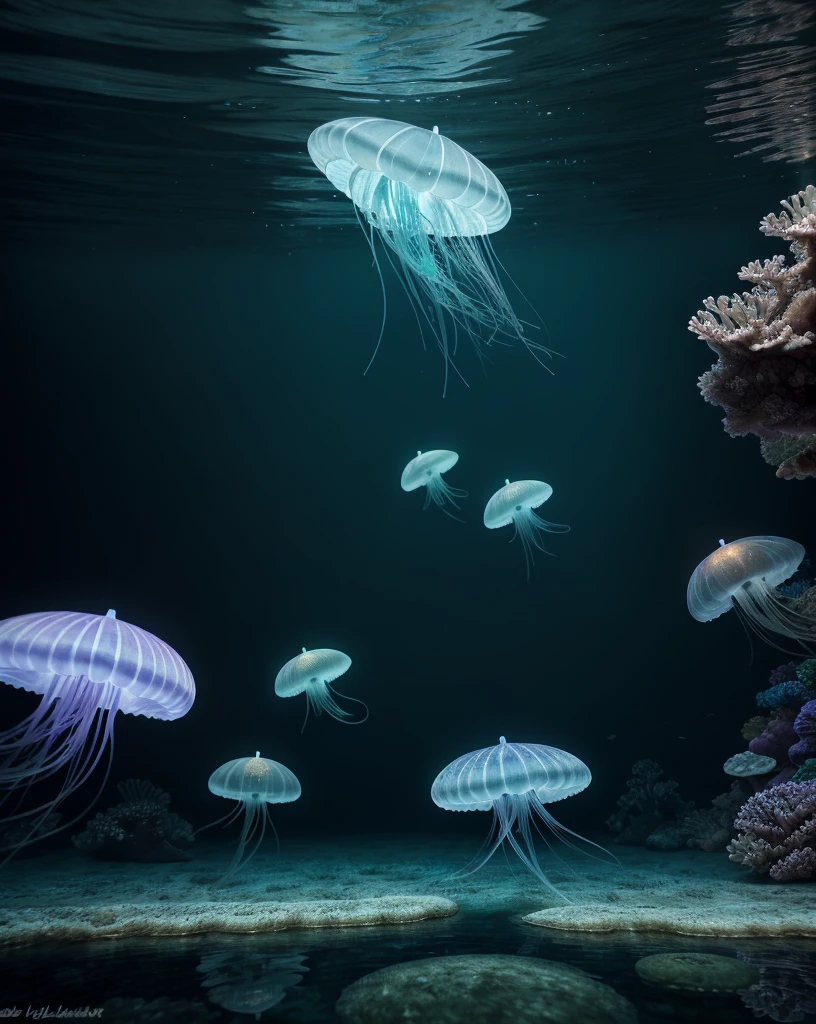 (high quality,4k,8k,highres,masterpiece:1.2),realistic jellyfish swimming in a mesmerizing ocean,bioluminescent jellyfish with colorful tentacles and pulsating bodies,graceful and elegant movement,deep sea exploration,underwater wonderland,hypnotic glowing lights,translucent bodies,delicate and intricate details,underwater photography,ethereal and enchanting,soft and gentle underwater currents,calm and serene ambiance,natural and vibrant colors,subtle and subdued lighting,liquid and flowing movement,stunning and captivating,underwater fantasy,numerous floating jellyfish,refreshing and tranquil atmosphere