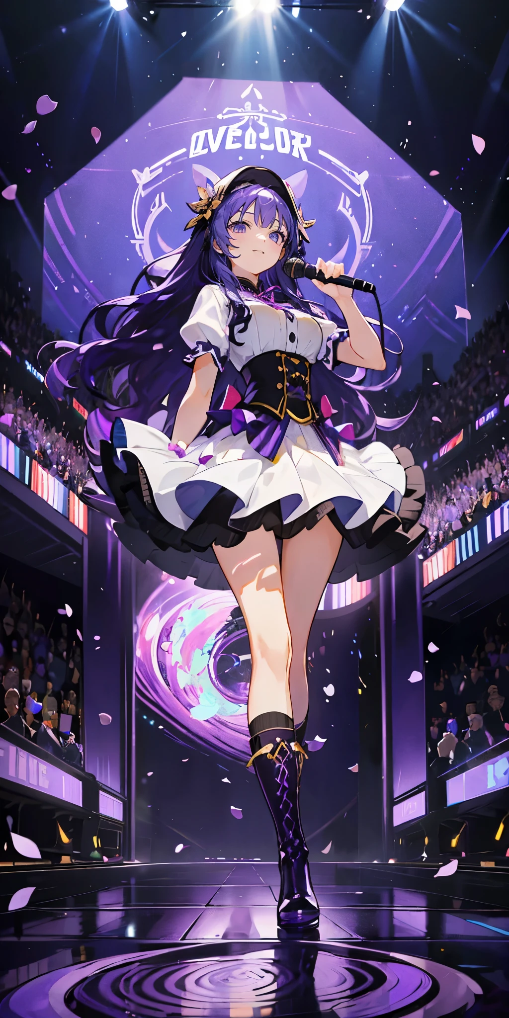 (muste piece), (best quality), very detailed, ((1 girl)), solo full body shot,Viewer's perspective,dancing,(smile),wink,perfect face, beautiful face, very detailedな顔,((purple hair_wavy long hair_purple eyes:1.3)),Gorgeous idol costumes,Skirt with lots of frills,solo idol,ribbon hair ornament,ribbon boots,knee high socks,concert dome,live,have a microphone,singing,smiling with mouth wide open,Laser Light,Spotlight,Lots of confetti、A large amount of petals dance